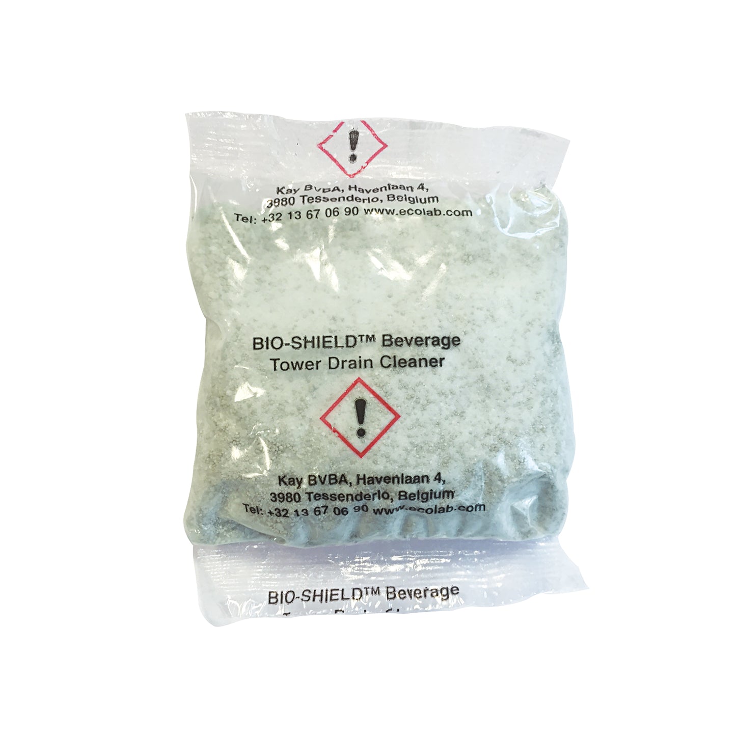 BIO-SHIELD™ beverage tower drain cleaner in bag with warning symbols