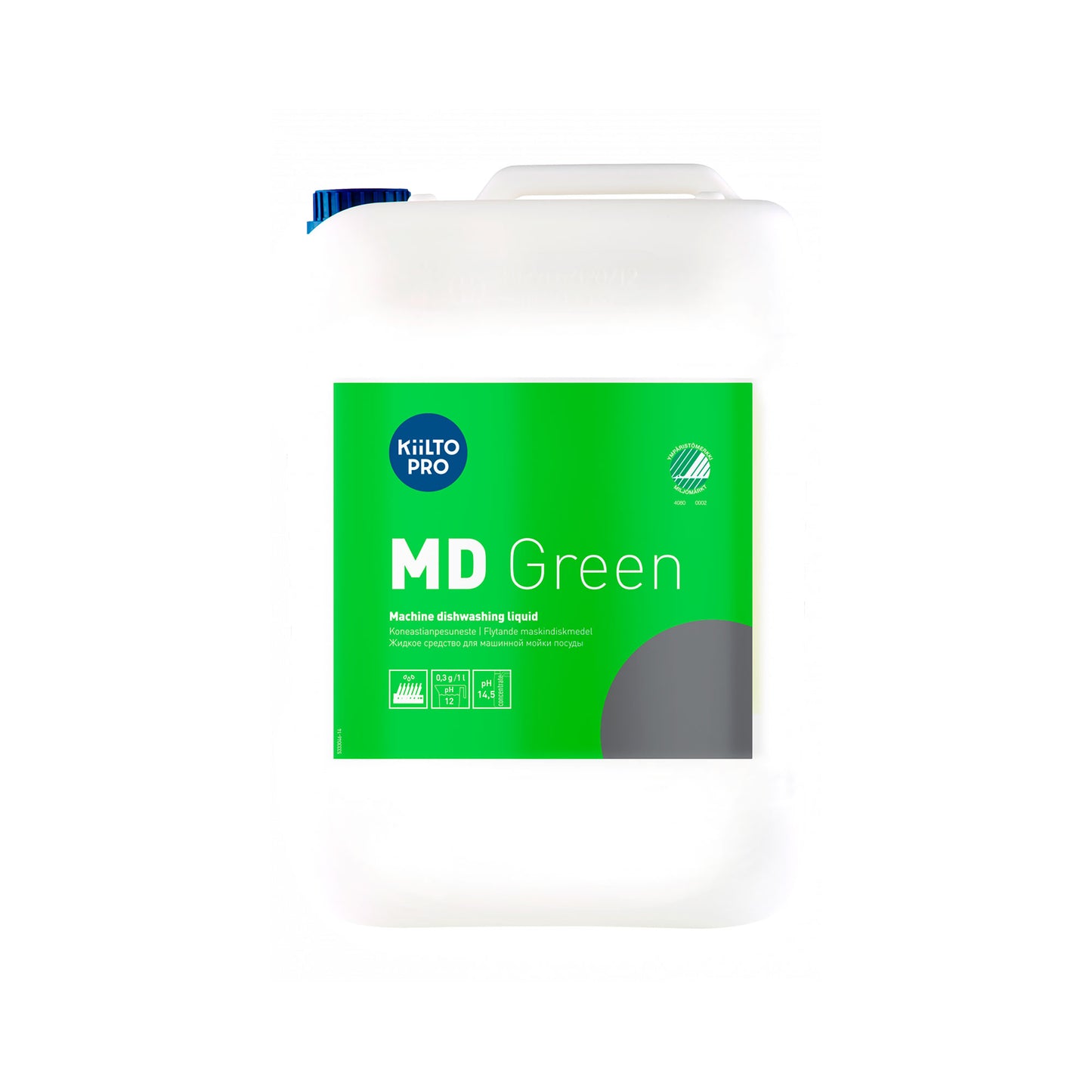 Kiilto Pro MD Green er et miljøvenligt og effektivt maskinopvaskemiddel udviklet til professionel brug i blødt til middelhårdt vand. Produktet er svanemærket og indeholder ingen klor. Det opløser fedt, stivelse og proteiner.