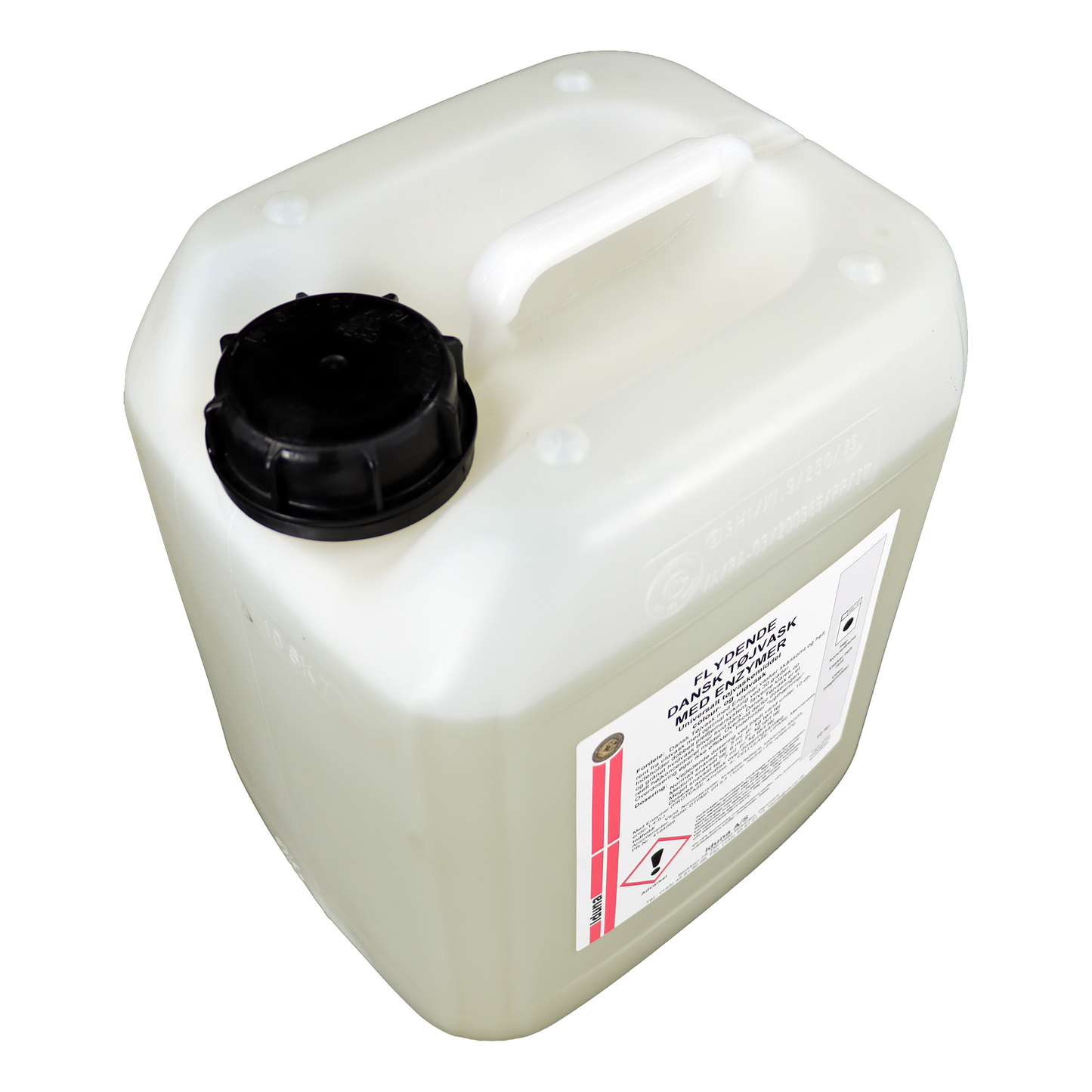 Flydende professionelt tøjvaskemiddel med enzymer fra Iduna til farvet, hvid- og uldvask, egnet til automatisk doseringsanlæg. 10 liter dunk.