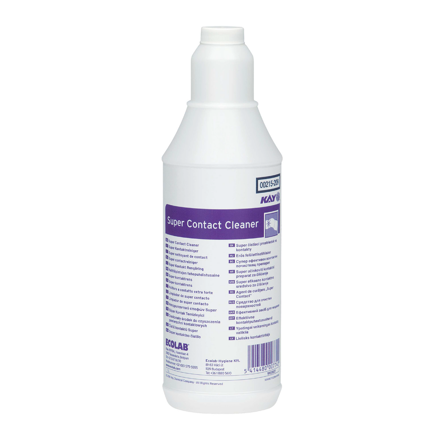 KAY Super Contact Cleaner, white plastic bottle with purple label, 1L
