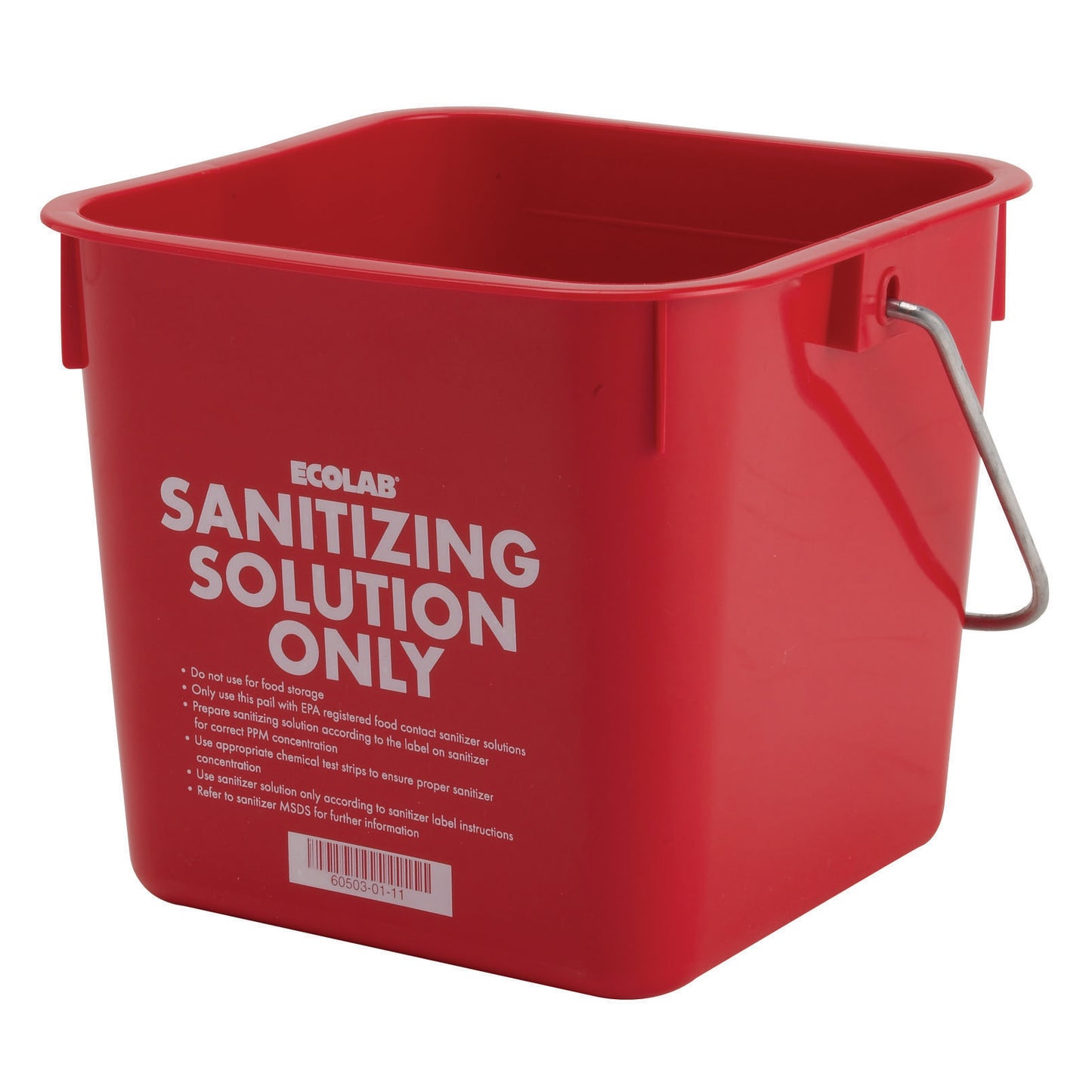 Cubeta roja de sanitizante de 3 qt, con asa metálica y etiqueta frontal