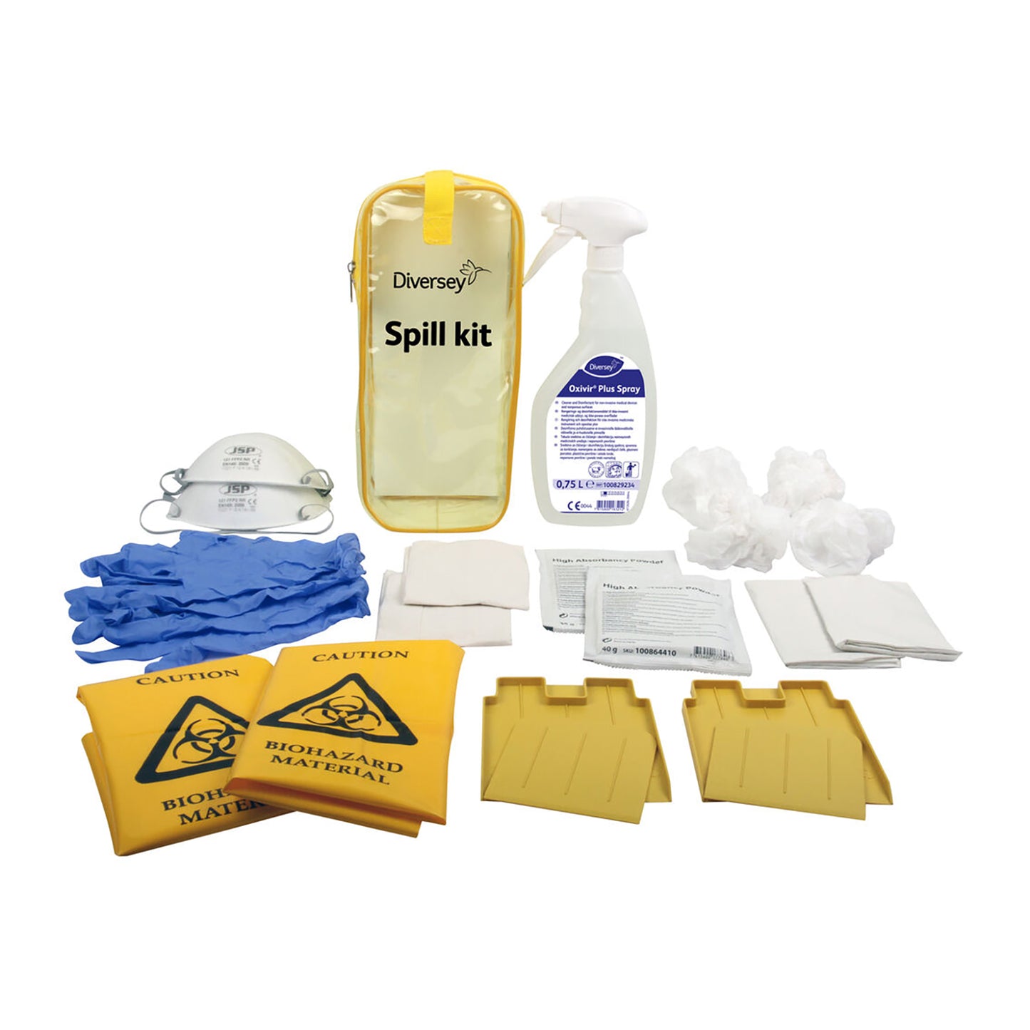 Oxivir Plus spillkit: sprayflaske, absorberende kluter, biohazardposer og tilbehør.