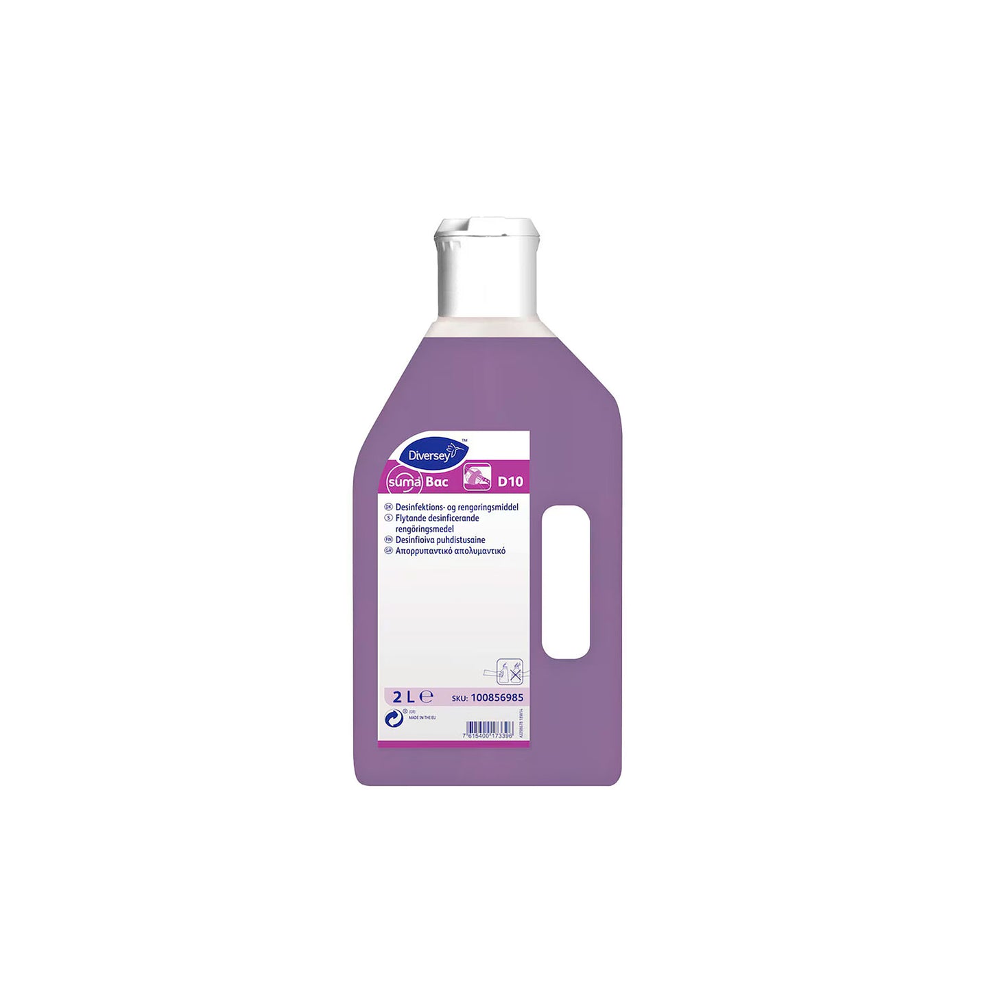 Suma Bac D10 6x2L – koncentreret rengørings- og desinfektionsmiddel i praktiske 2-liters flasker, ideel til fødevarekontaktflader og storkøkkener