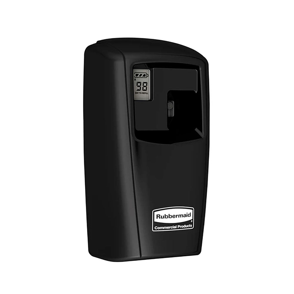 Rubbermaid duftdispenser i sort med frontpanel og logo