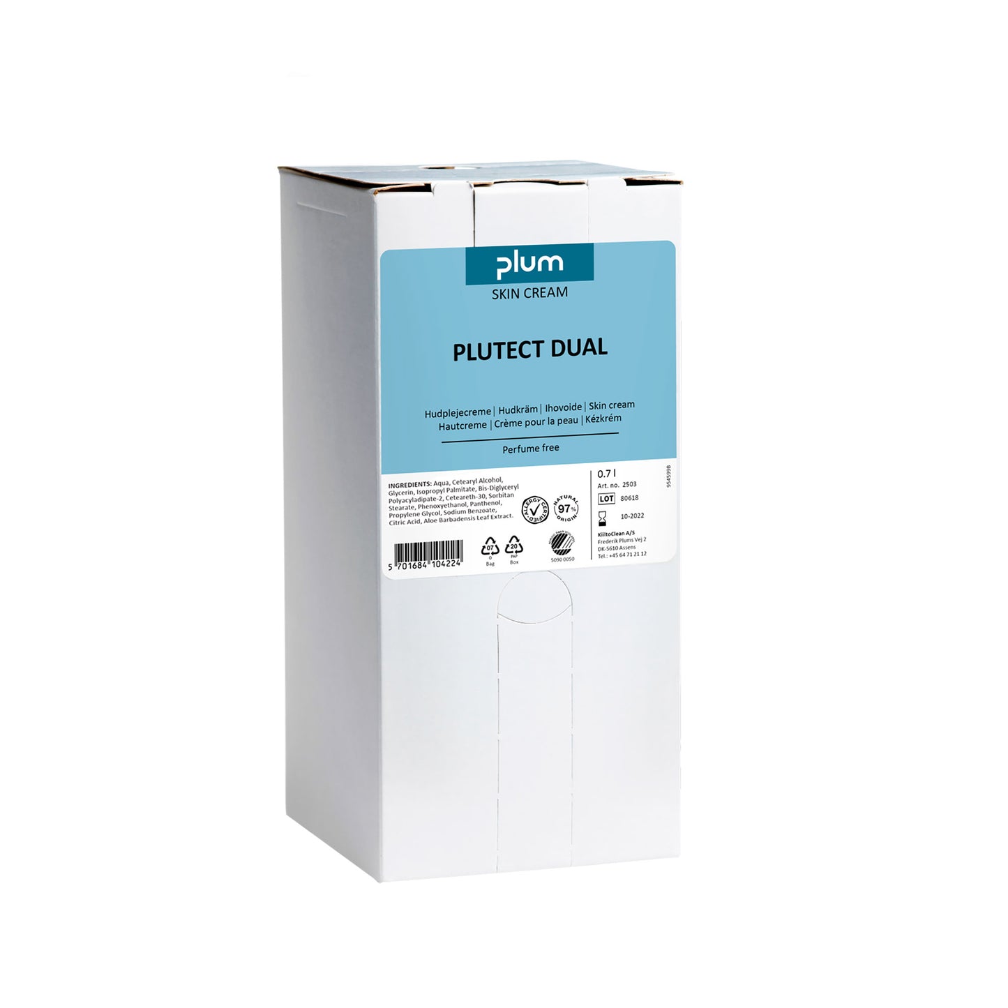 Hudplejecreme Plum Plutect Dual i hvid emballagekarton med blå produktlabel