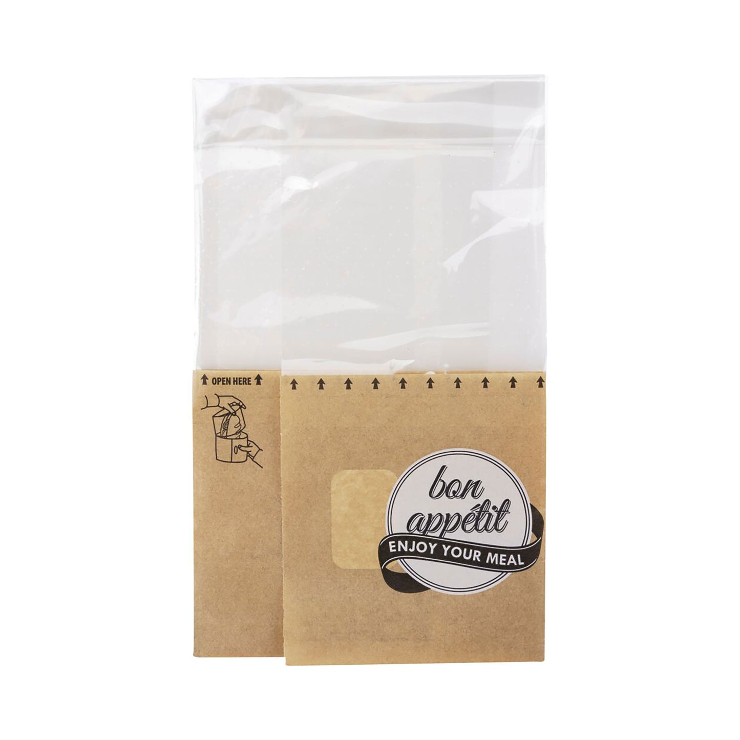 Snack bag i brun med perforeret top og gennemsigtig PET-rude – papirpose med PE-belægning til hygiejnisk og præsentabel snackindpakning.