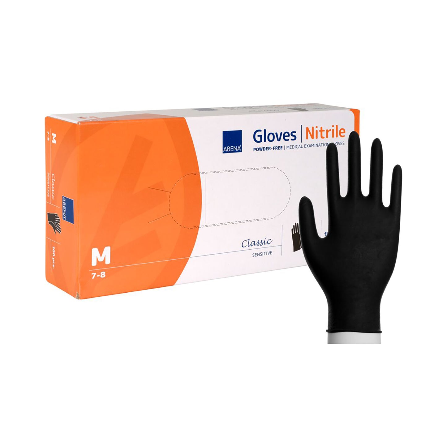 Sorte nitrilhandsker i størrelse M, som måler 240x96 mm, vejer 3g og har en tykkelse på 0,05 mm.