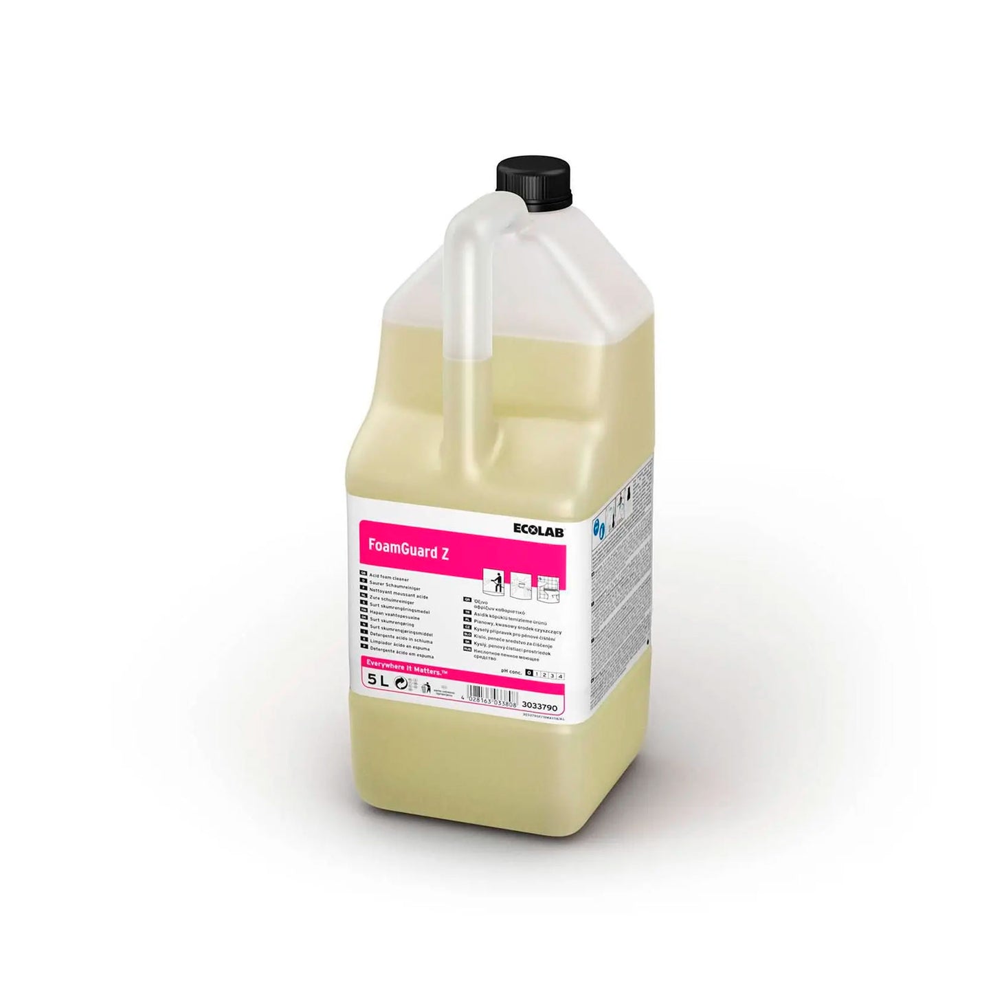 ECOLAB FoamGuard Z skumrengøringsmiddel i 5 L dunk med sort hætte.