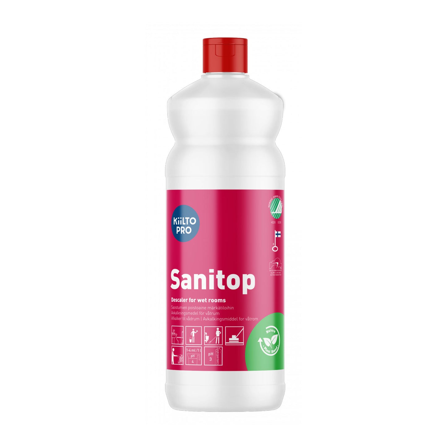 Kiilto Sanitop sanitetsrengøring, hvid flaske med rød hætte