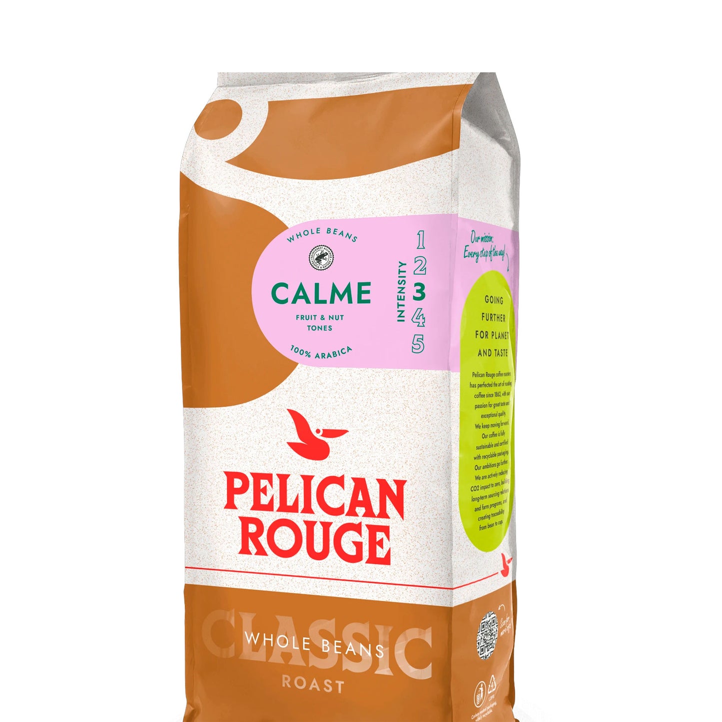 Pelican Rouge Calme kaffebønner i 1 kg pose, 100% Arabica, klassisk mellemristet kaffe med noter af frugt og mandler samt styrke 3 ud af 5.