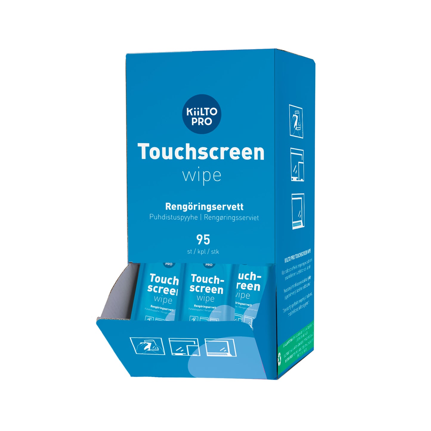Kiilto Pro Touchscreen Wipes – enkeltpakkede vådservietter til rengøring af touchskærme. 95 stk. i borddisplay. Hurtigtørrende og stribefri.