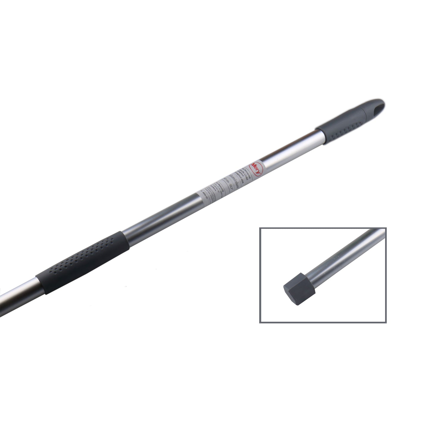 Aluminiumskaft 140 cm til Mery-moppe med sekskantet hoved for stabil montering og ergonomisk håndtering.