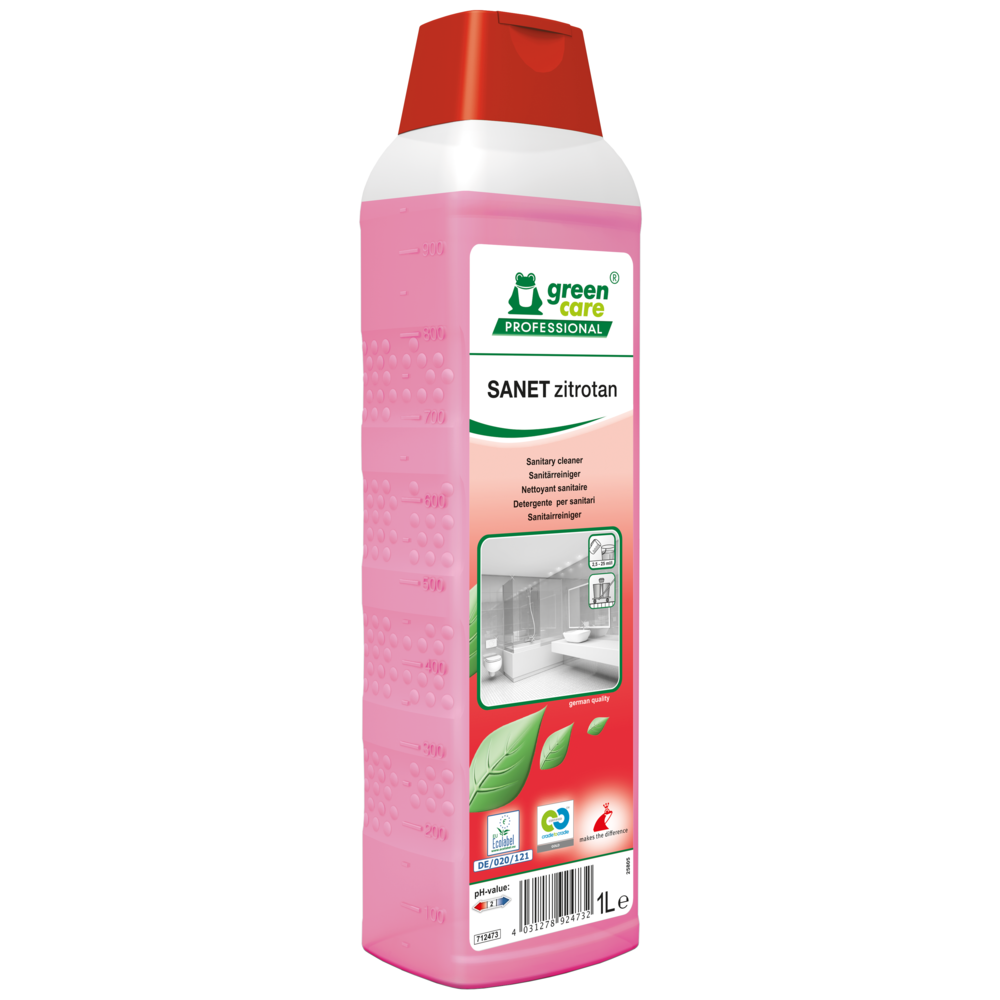 Sanet Zitrotan Reiniger, 1 ltr Flüssigreinigerflasche, rosa-weiße Etikettfront