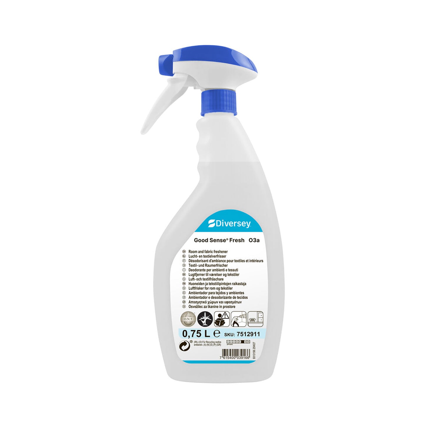 Sprayflaske Good Sense Fresh O3a, 0,75 L, hvid flaske med blå pumpe og etikette