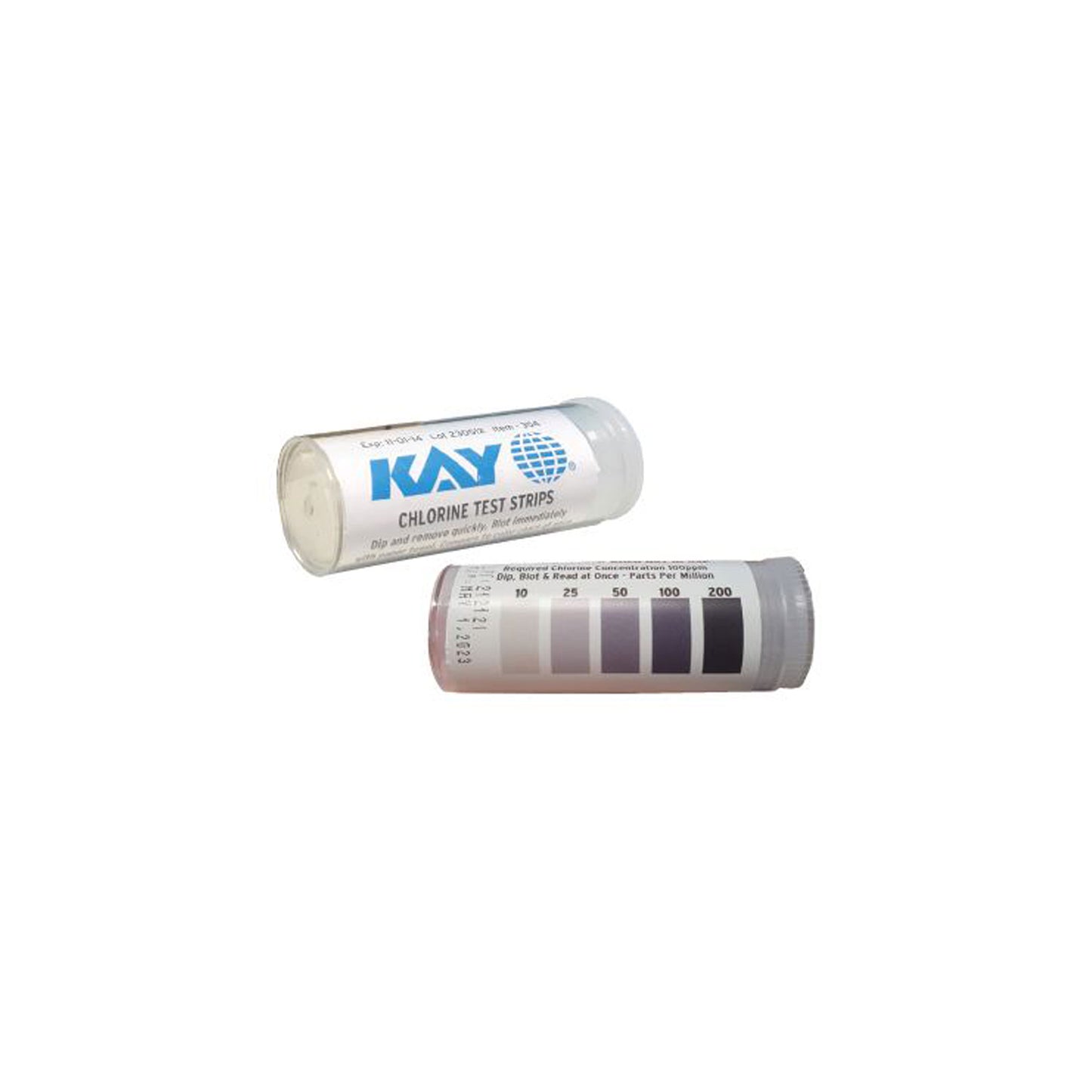 KAY chlorin test strips, two cylindrical vials with color scale 10–200 PPM