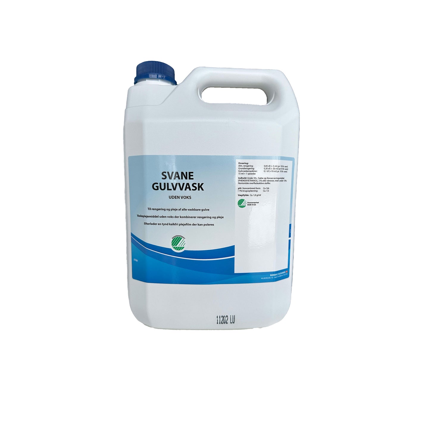 5 kg dunk med Svane gulvvask – et sæbebaseret rengøringsmiddel til alle gulvtyper, der plejer og beskytter med en frisk duft.