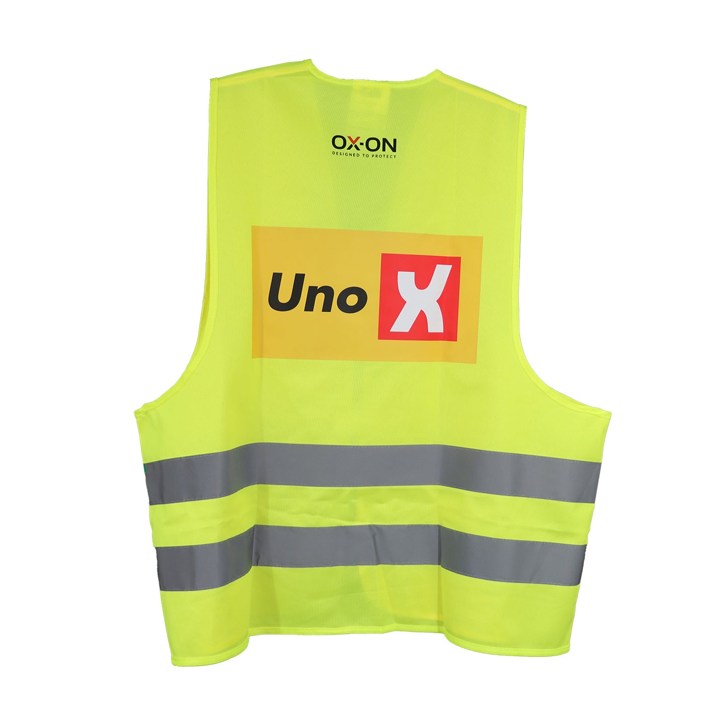 Trafikvest i neon-gul med brede reflekser og Uno X logo foran