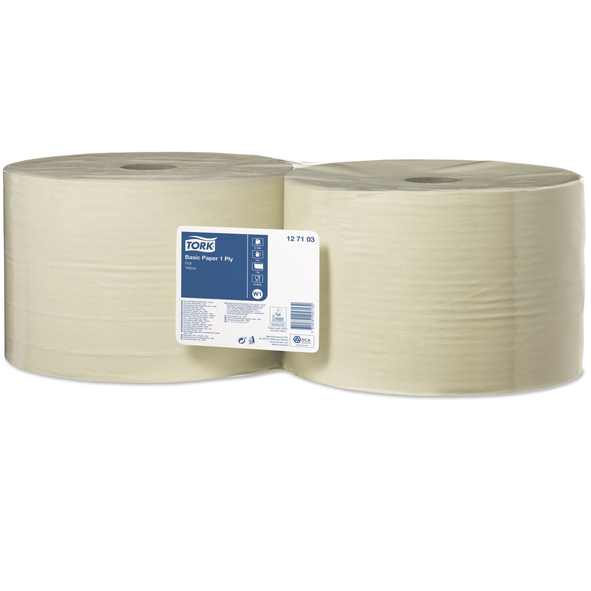 Tork Basic W1 gul 1-lags Ø23,5cm industrirulle, 2x1190 mtr – RV Unique