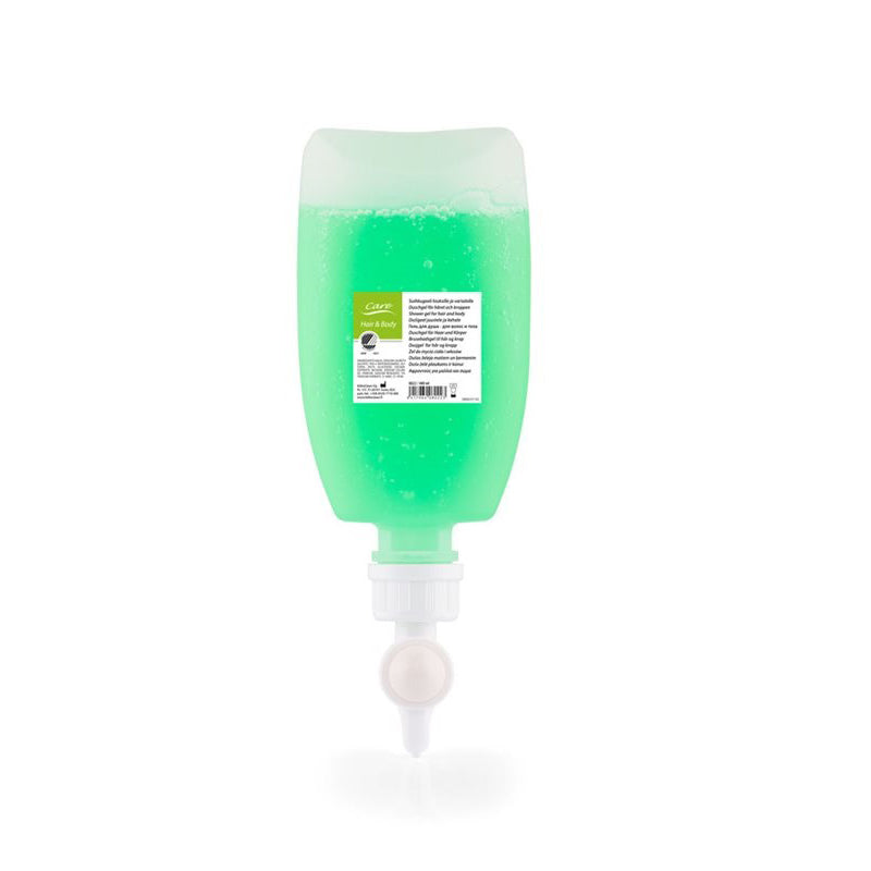 Green hair & body care pump dispenser bottle with label