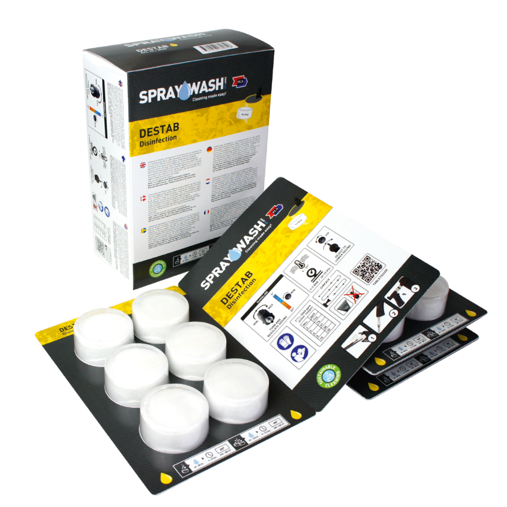 I-TEAM SPRAYWASH DESTAB 18PCS: box, white tablets and instruction leaflets