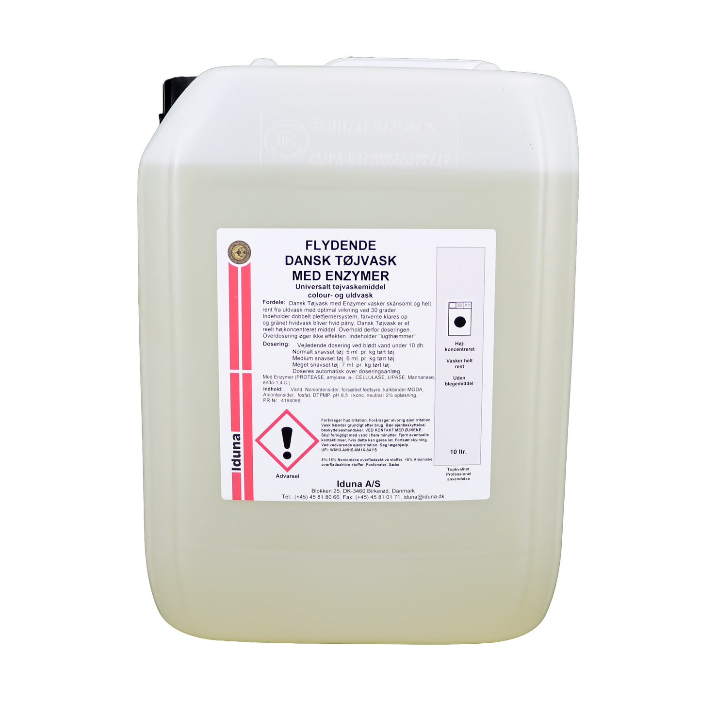Flydende professionelt tøjvaskemiddel med enzymer fra Iduna til farvet, hvid- og uldvask, egnet til automatisk doseringsanlæg. 10 liter dunk. 