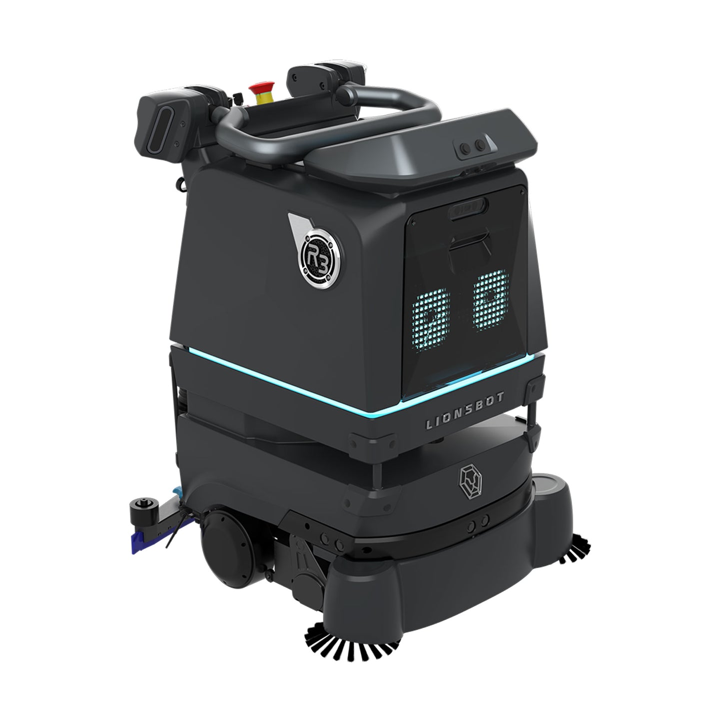 Robotgulvvaskemaskine R3 Scrub Pro, sort kasse med børster og blå LED-panel