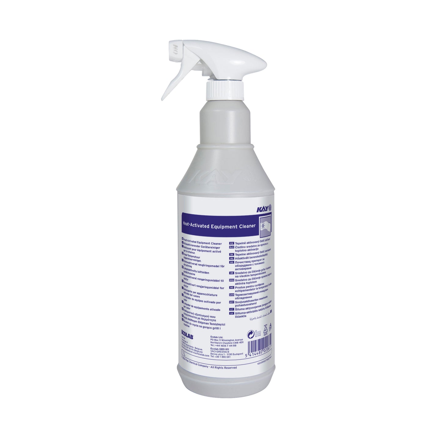 KAY heat-activated equipment cleaner spray bottle, 1L, white with blue label