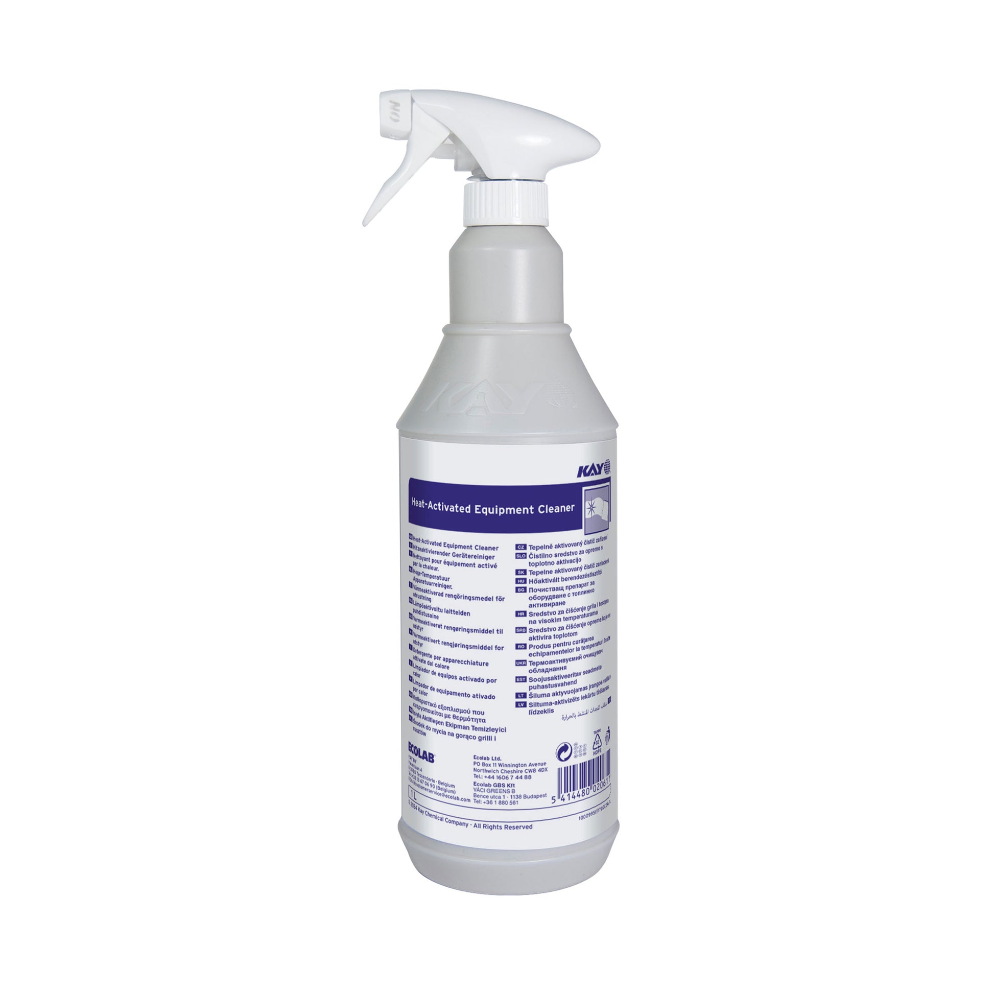 KAY heat-activated equipment cleaner spray bottle, 1L, white with blue label