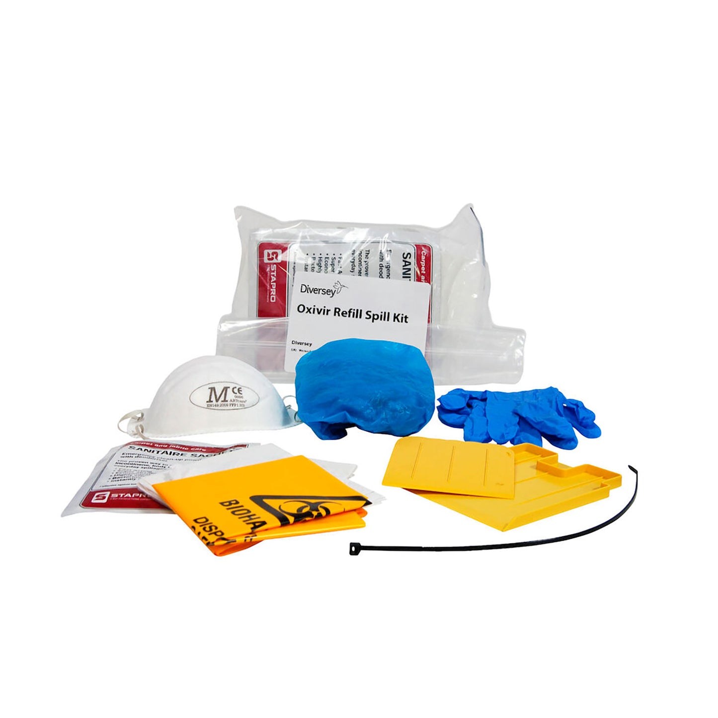 Oxivir refill spill kit med blå hansker, gule absorberingsputer og poseinnhold