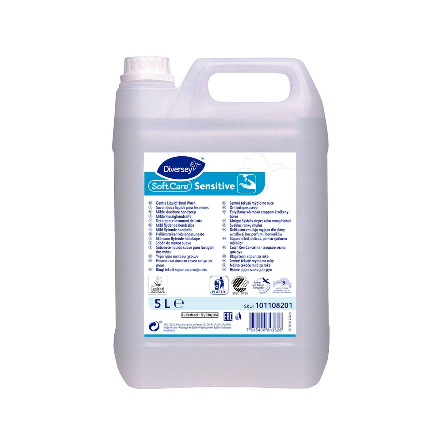 Mild håndsæbe-dunk SoftCare Sensitive 5 L med skruelåg og Svanemærke.