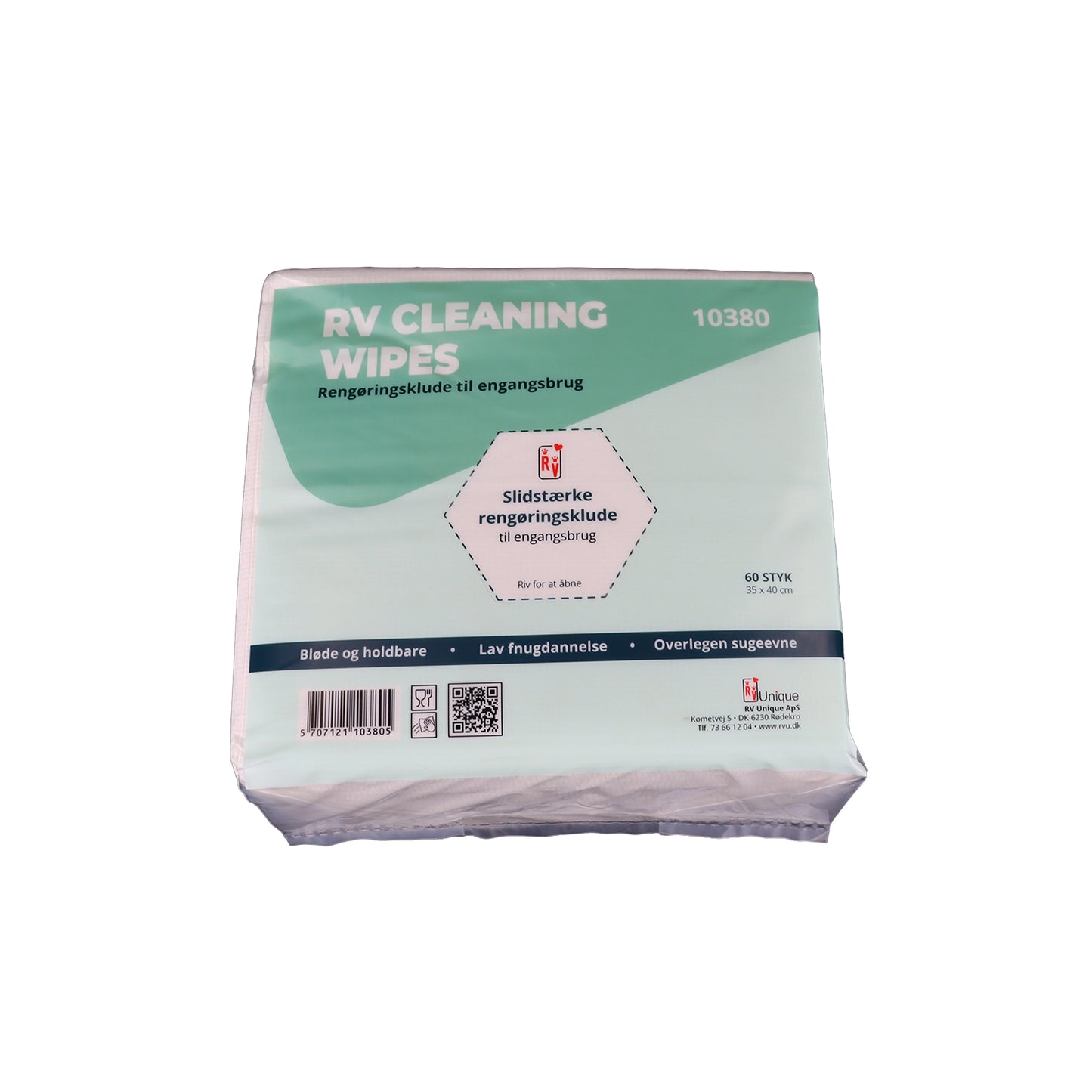 Pakke med RV Cleaning Wipes, 60 stk, 35x40 cm, hvide rengøringsklude.