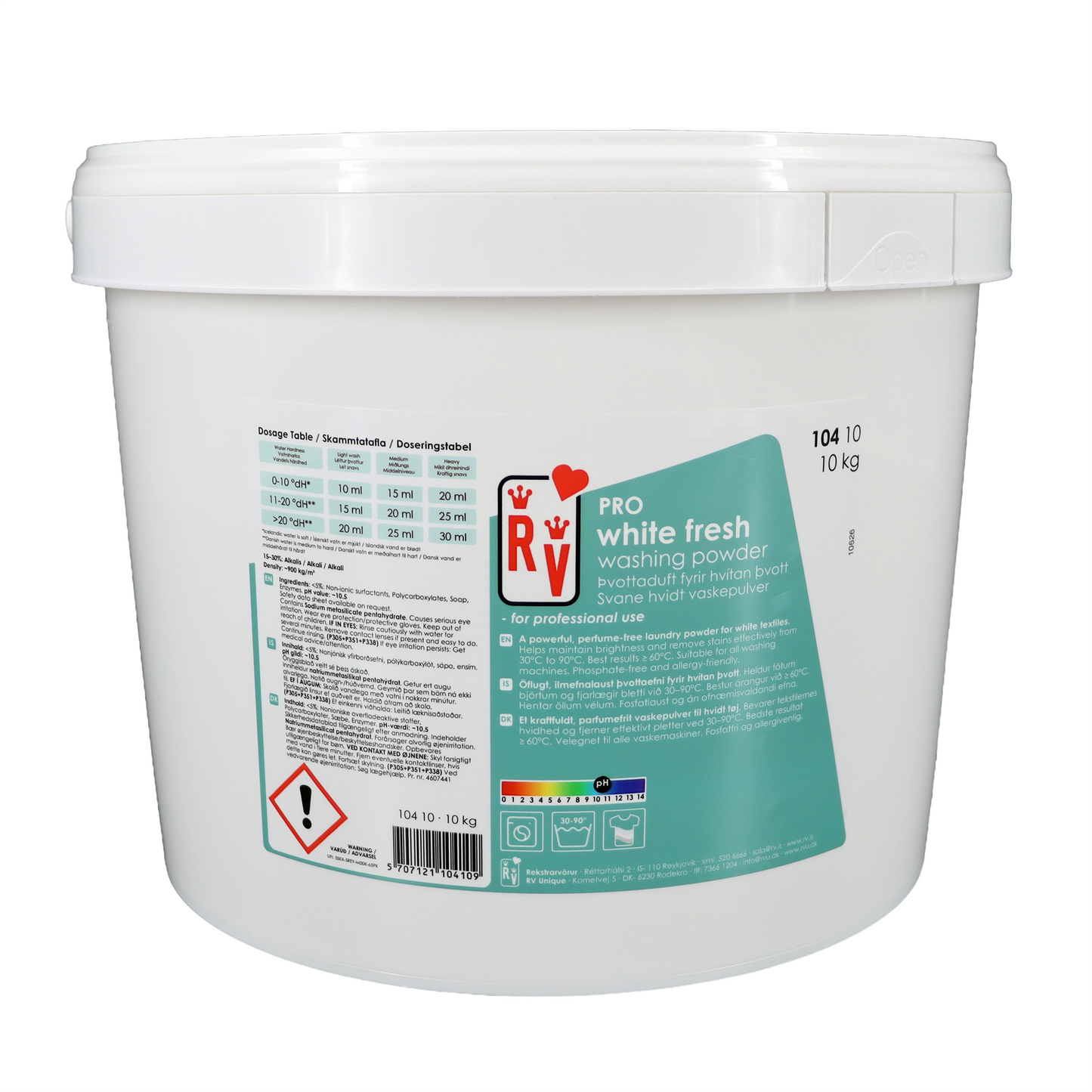 RV PRO vaskepulver uden parfume, 10 kg spand til hvid tøjvask