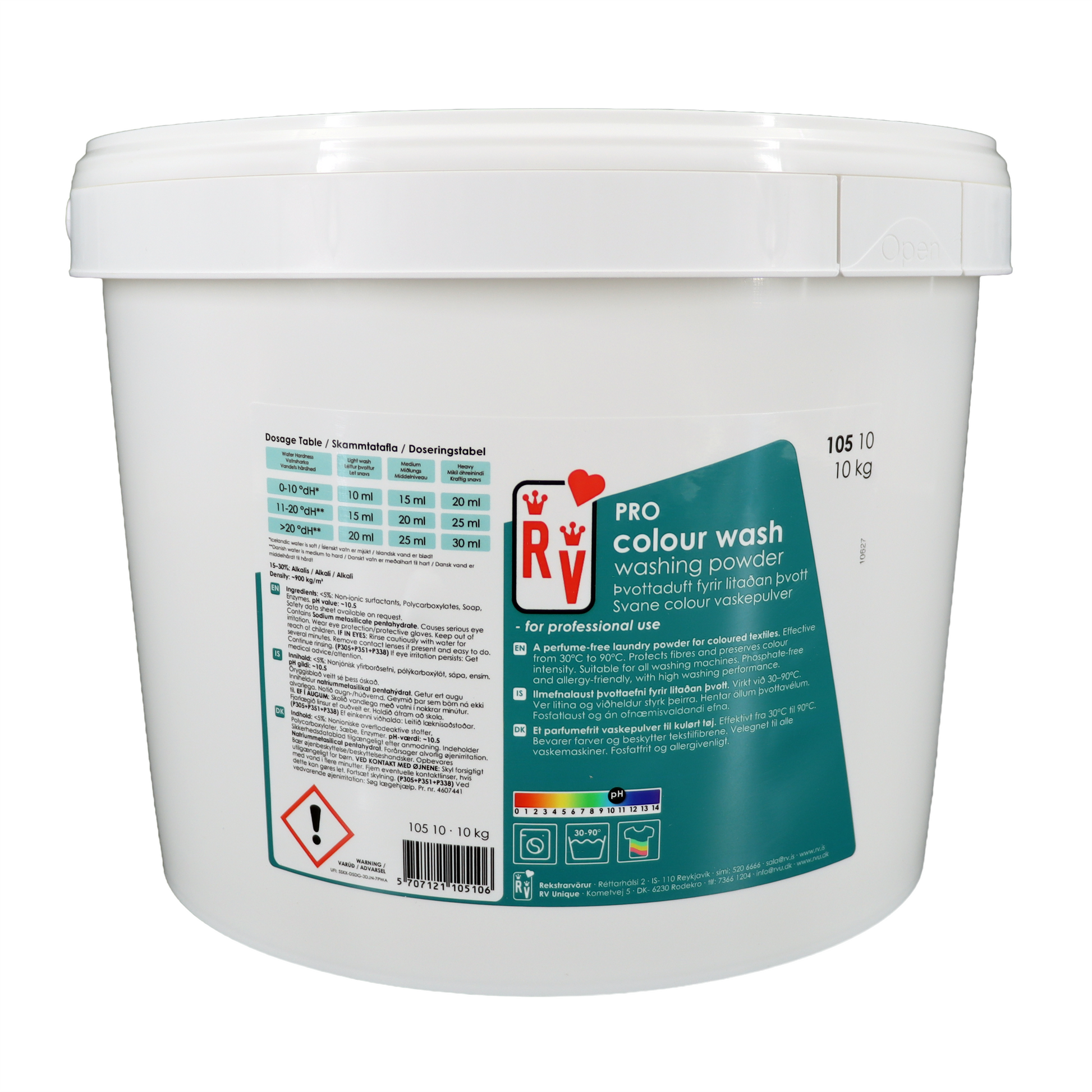 RV PRO vaskepulver til kulørt tøjvask uden parfume, 10 kg bøtte