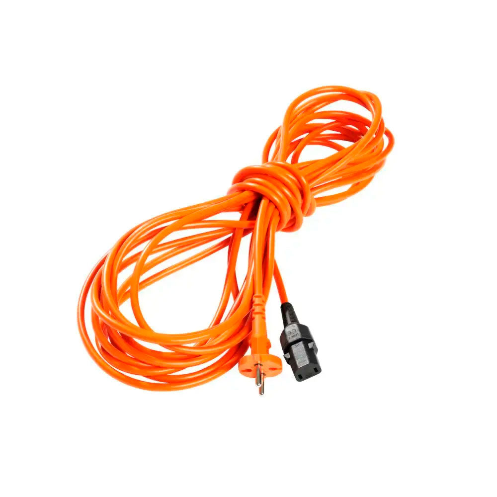 Orange strømledning med stik og grå tilslutning, oprullet kabel