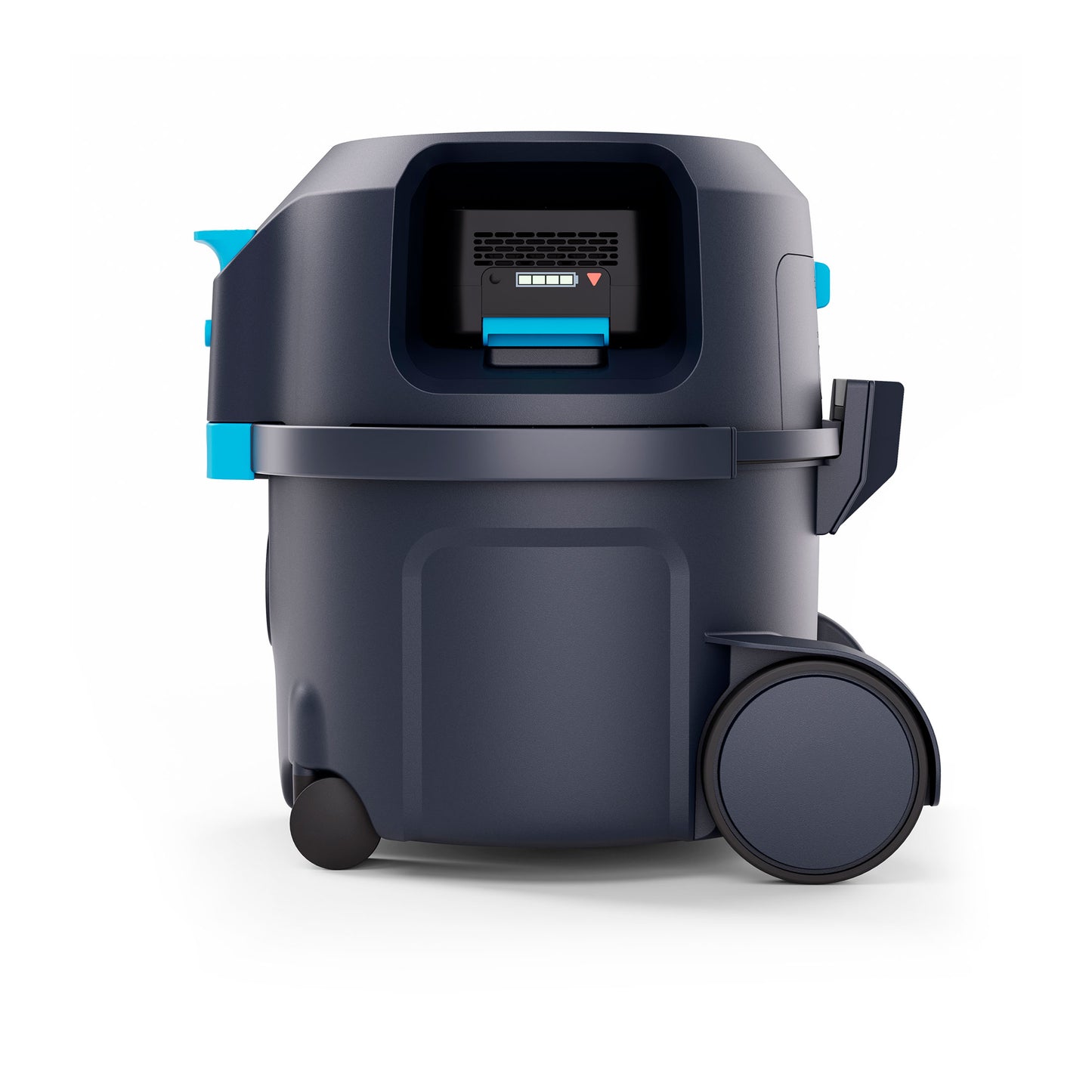 VP500 batteridrevet støvsuger, front/overside med batteriindikator