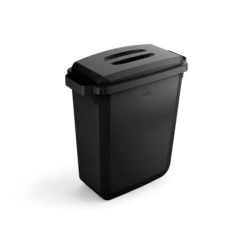 Sort rektangulær Durable DURABIN ECO affaldsspand på 60 liter i genanvendt plast med håndtag og pladsbesparende design