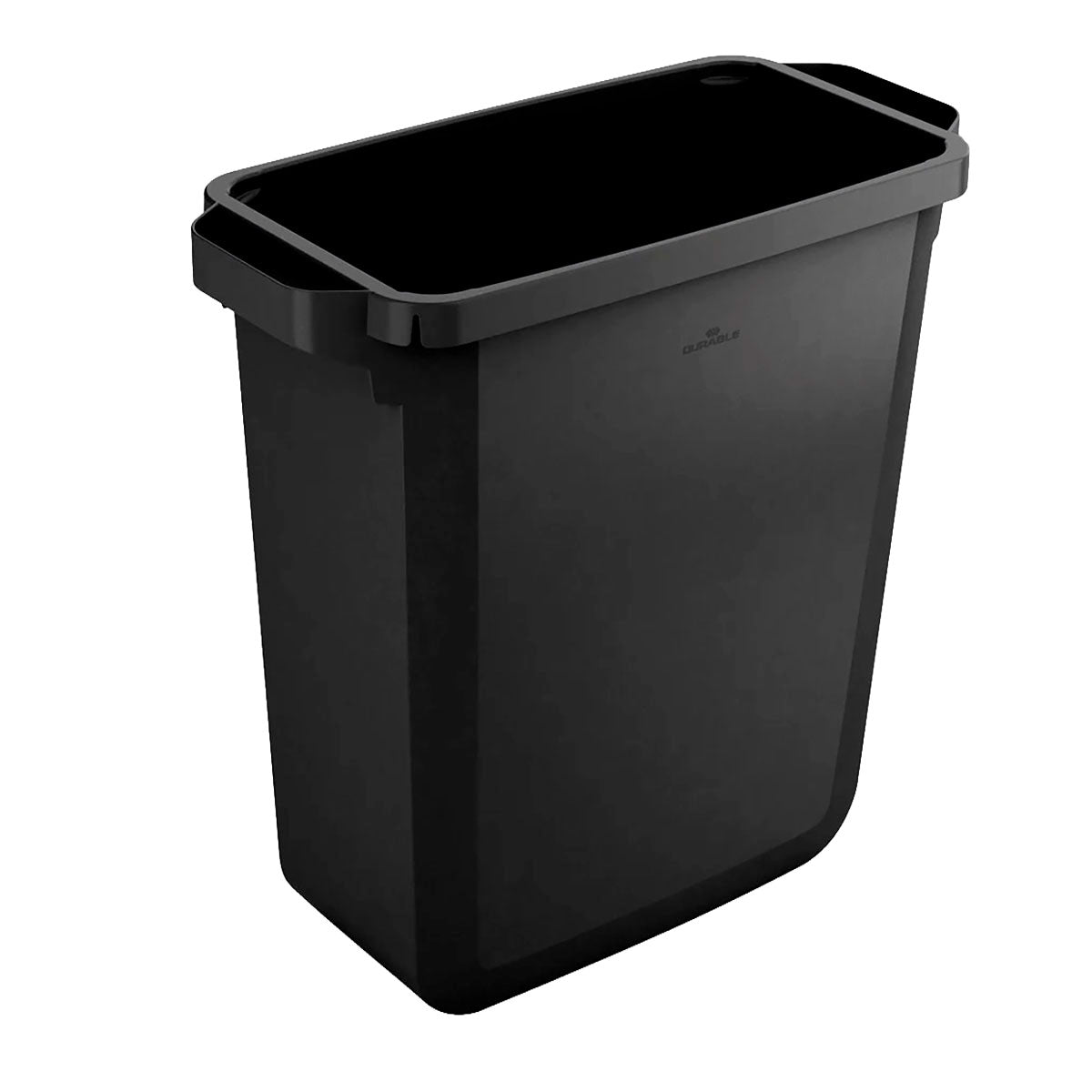 Sort rektangulær Durable DURABIN ECO affaldsspand på 60 liter i genanvendt plast med håndtag og pladsbesparende design