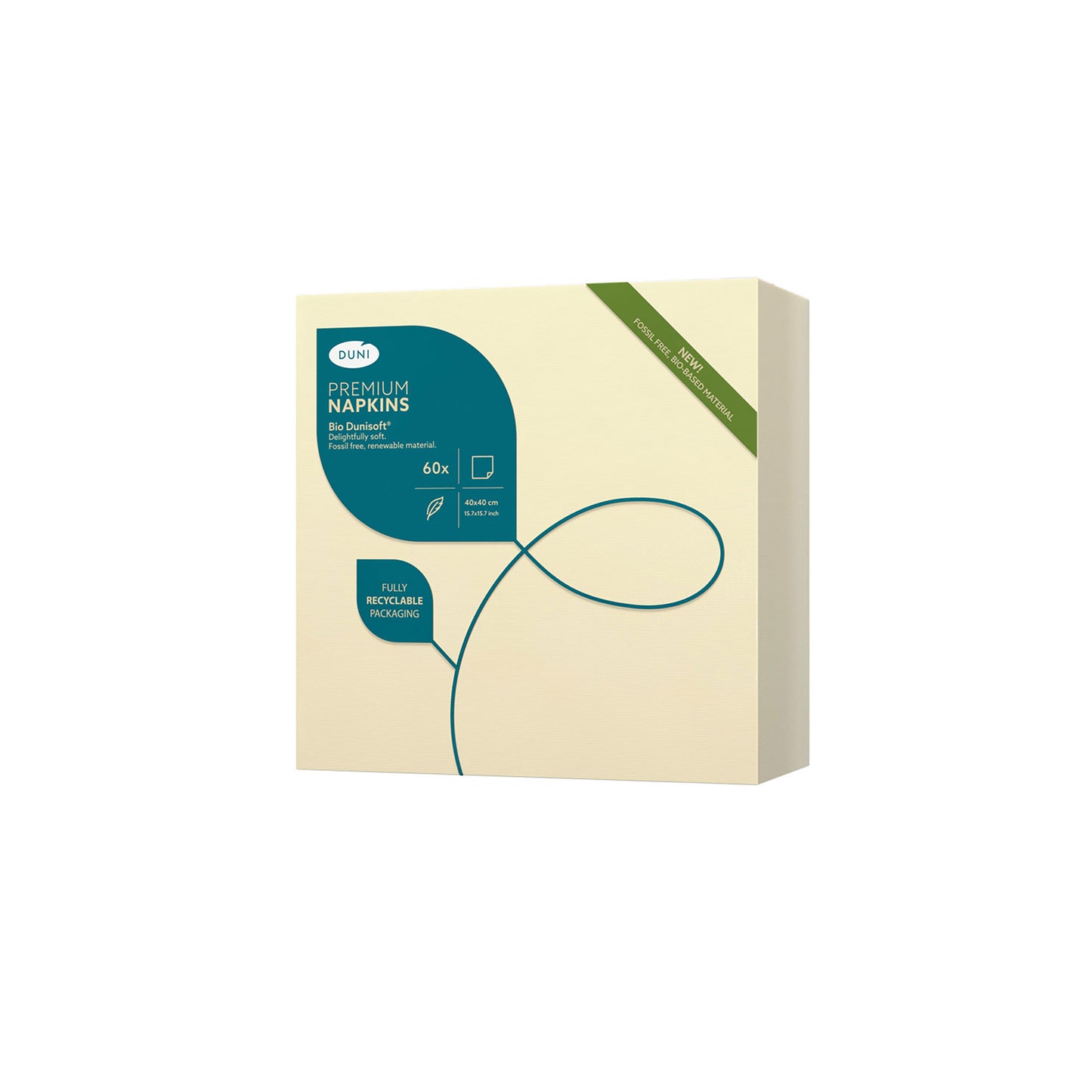 Cremefarvede Bio Dunisoft, i en pakke med 60 stk., middagsservietter 40x40 cm fra Duni – bløde, stoflignende og miljøvenlige servietter til professionel borddækning
