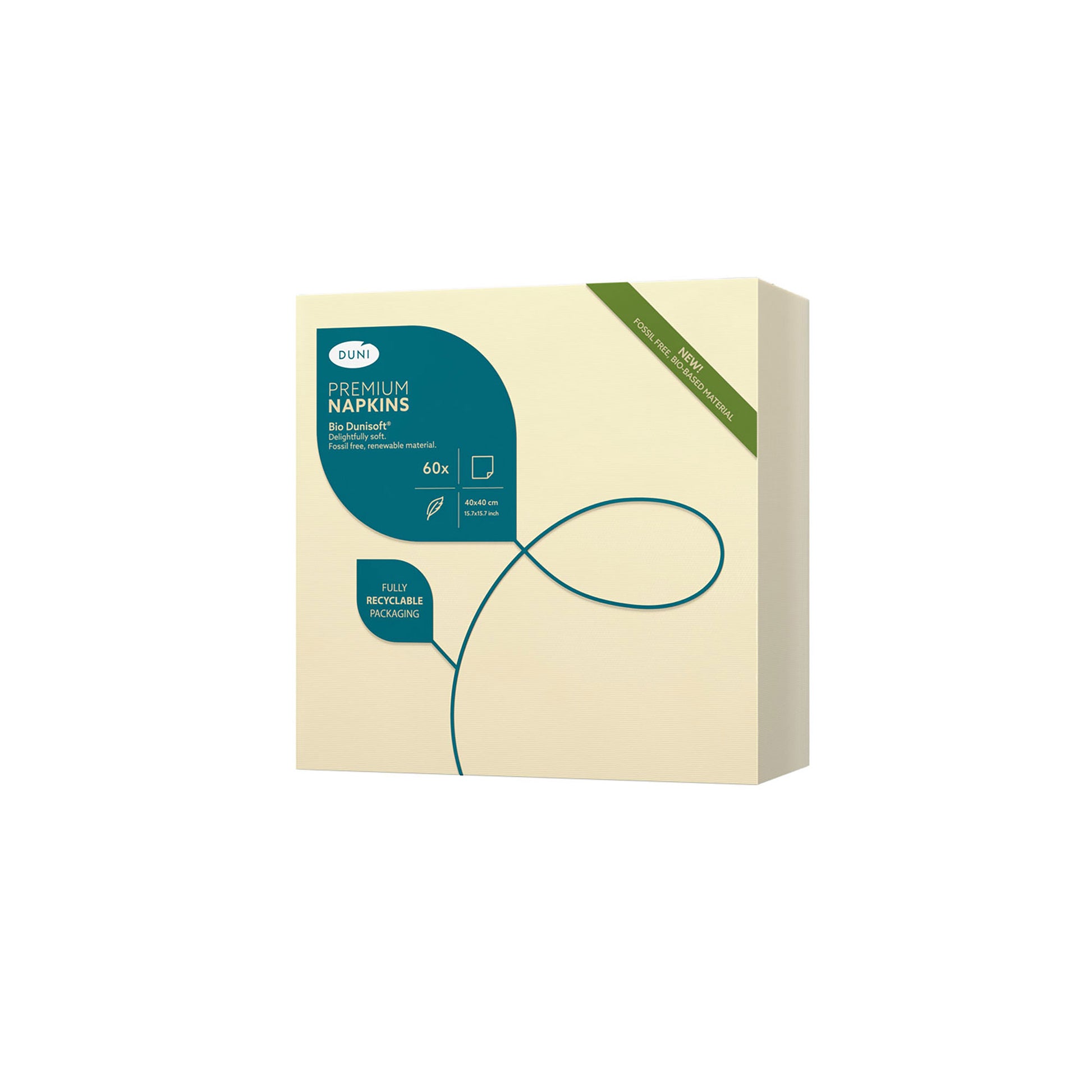 Cremefarvede Bio Dunisoft, i en pakke med 60 stk., middagsservietter 40x40 cm fra Duni – bløde, stoflignende og miljøvenlige servietter til professionel borddækning