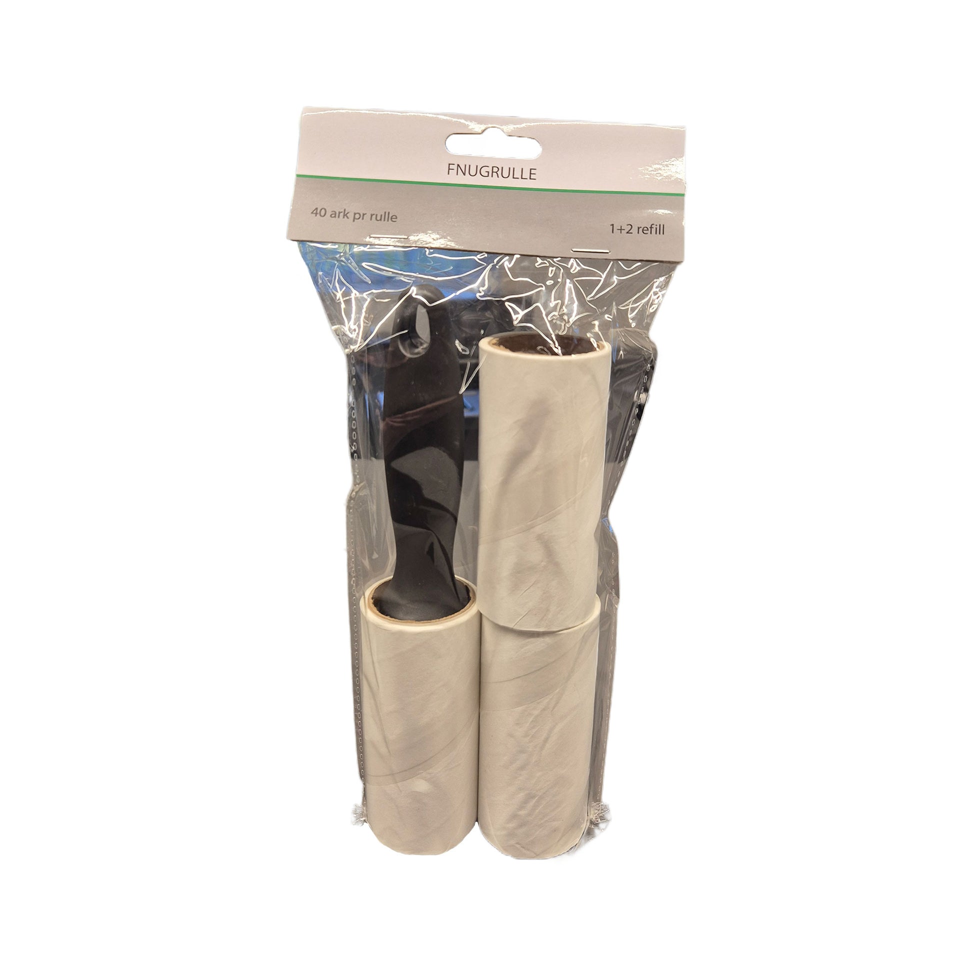 Fnugrulle med håndtag og 2 refillruller, 40 ark pr. rulle, beige papir