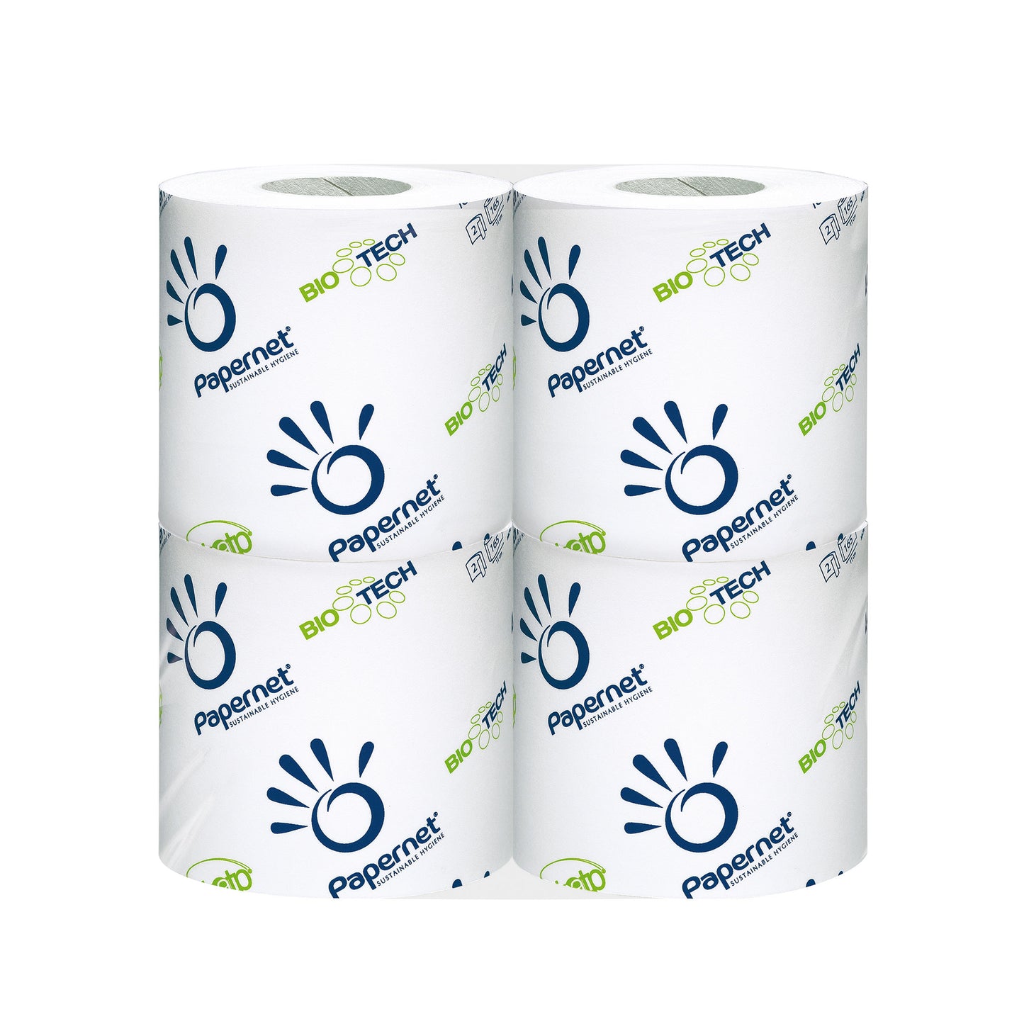 To ruller hvidt 2-lags toiletpapir med PAPERNET Bio Tech-logo
