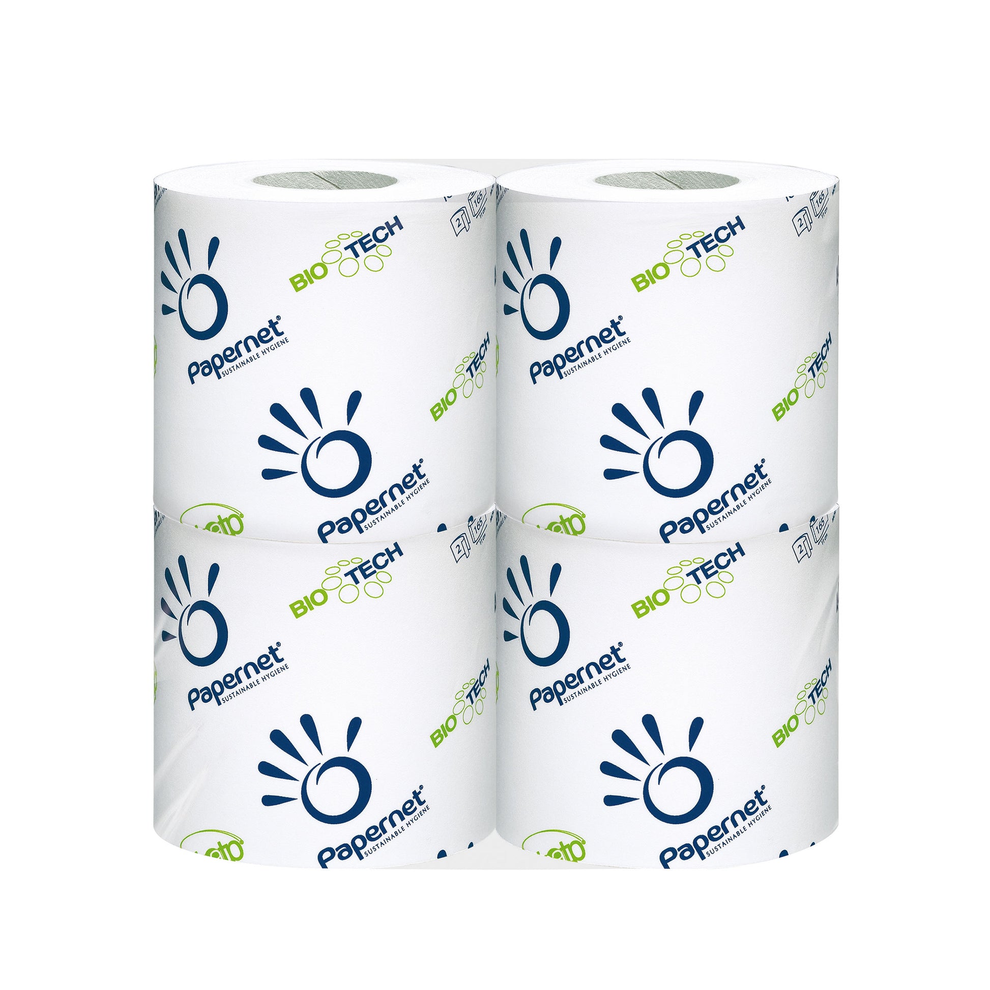 To ruller hvidt 2-lags toiletpapir med PAPERNET Bio Tech-logo