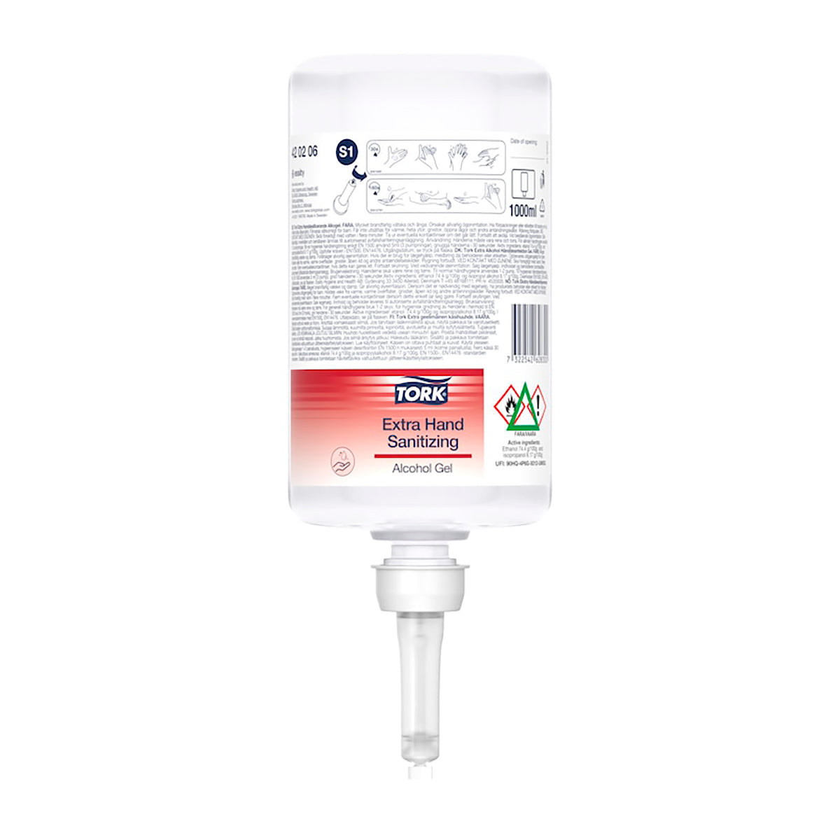 Tork Extra Alkohol Hånddesinfektion Gel S1 refillflaske til professionel håndhygiejne med hurtigtørrende alkoholgel mod bakterier, svamp og vira.