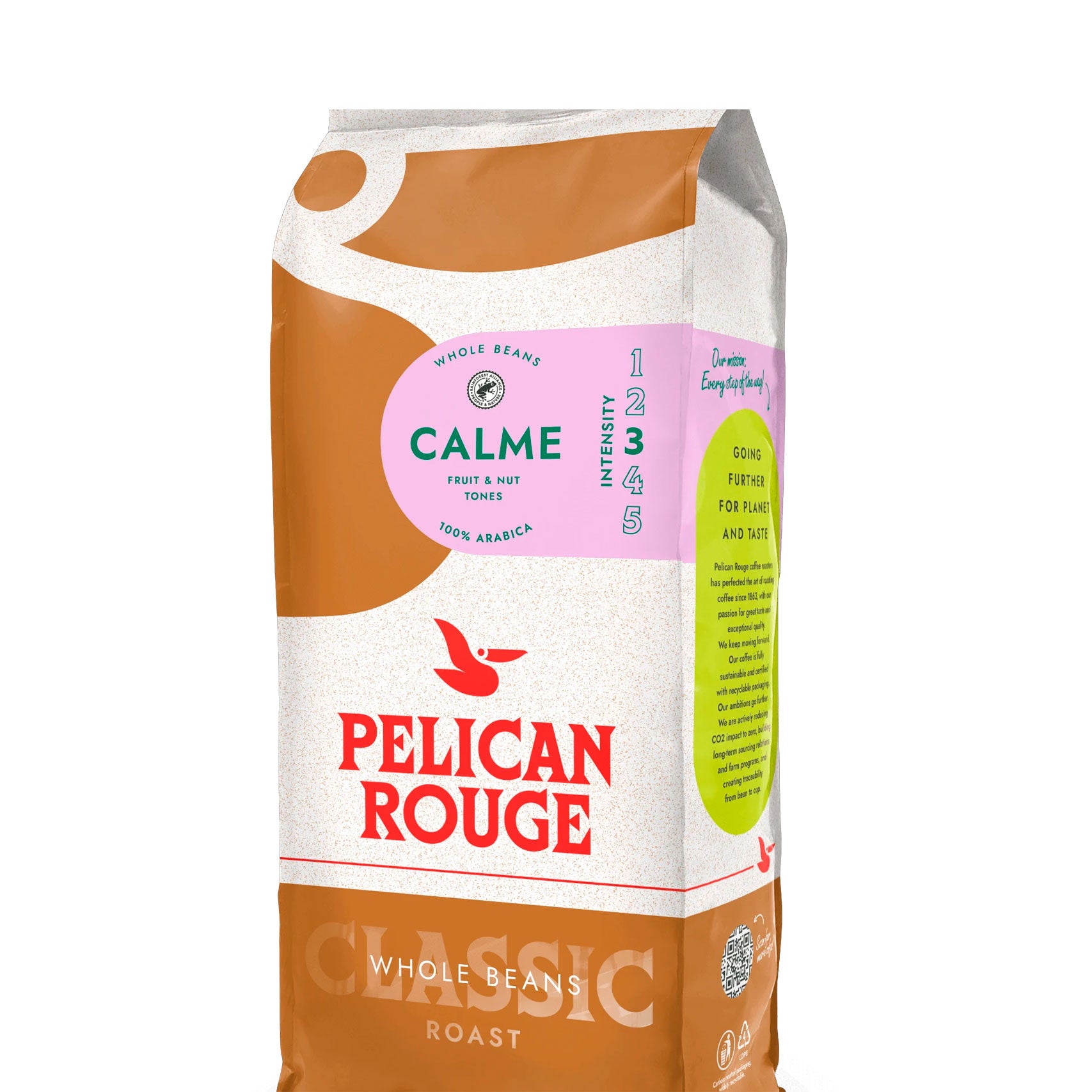 Pelican Rouge Calme kaffebønner i 1 kg pose, 100% Arabica, klassisk mellemristet kaffe med noter af frugt og mandler samt styrke 3 ud af 5.