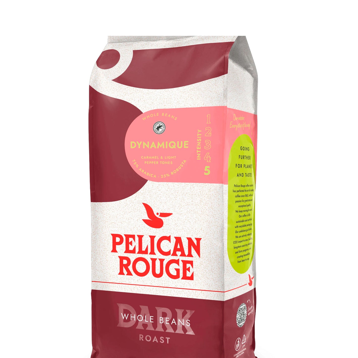 Pelican Rouge Dynamique kaffebønner 1 kg i pose med mørkristet kaffe, 75 % Arabica og 25 % Robusta, noter af chokolade, karamel og ristede mandler