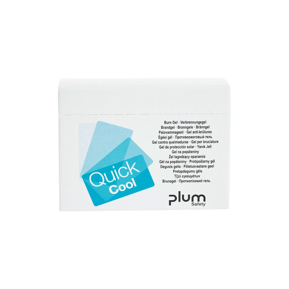 Plum Safety QuickCool brandgel-æske, hvid med blå Quick Cool-logo