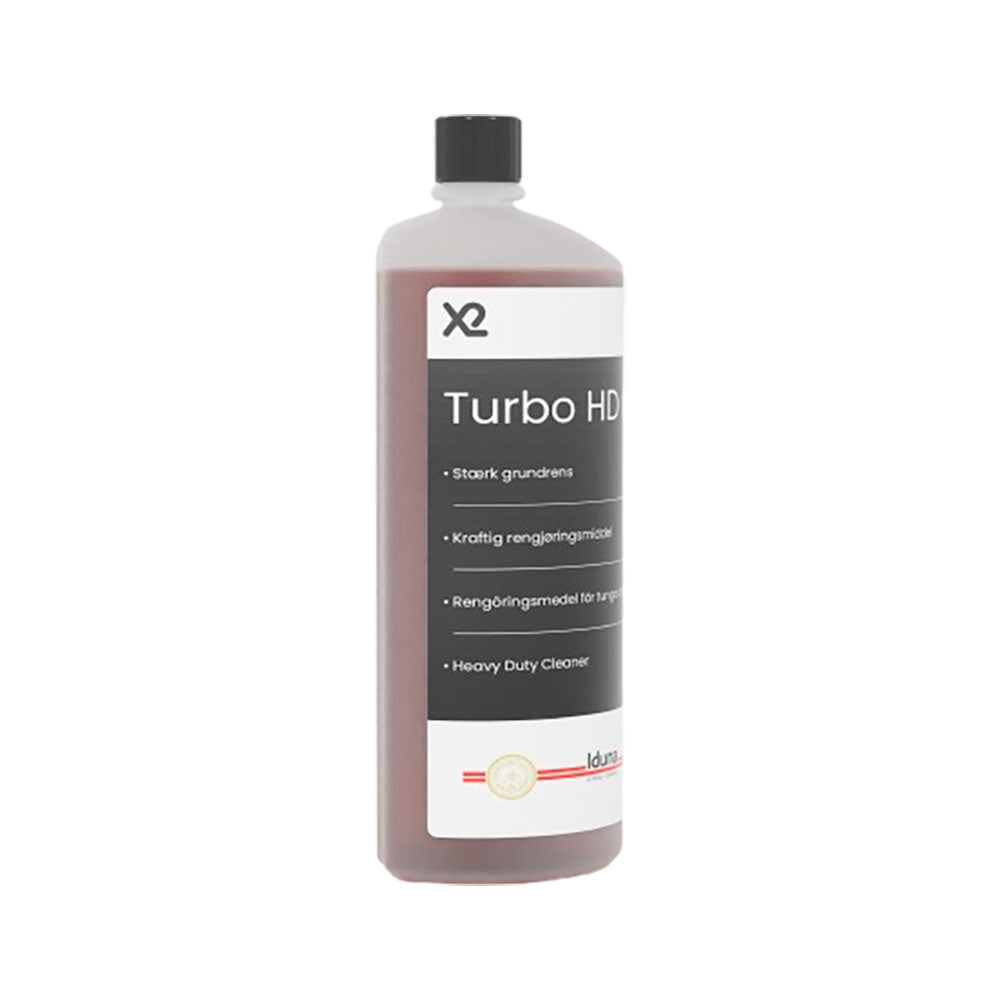 Rengøringsmiddel på flaske med mørk hætte og Turbo HD-label