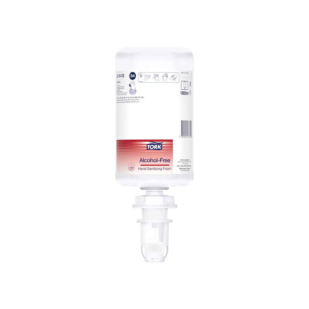 Tork S4 hånddesinfektion som alkoholfrit skum i 1‑liters fabriksforseglede patroner, karton med 6 stk., kompatibel med Tork S4 dispensere.