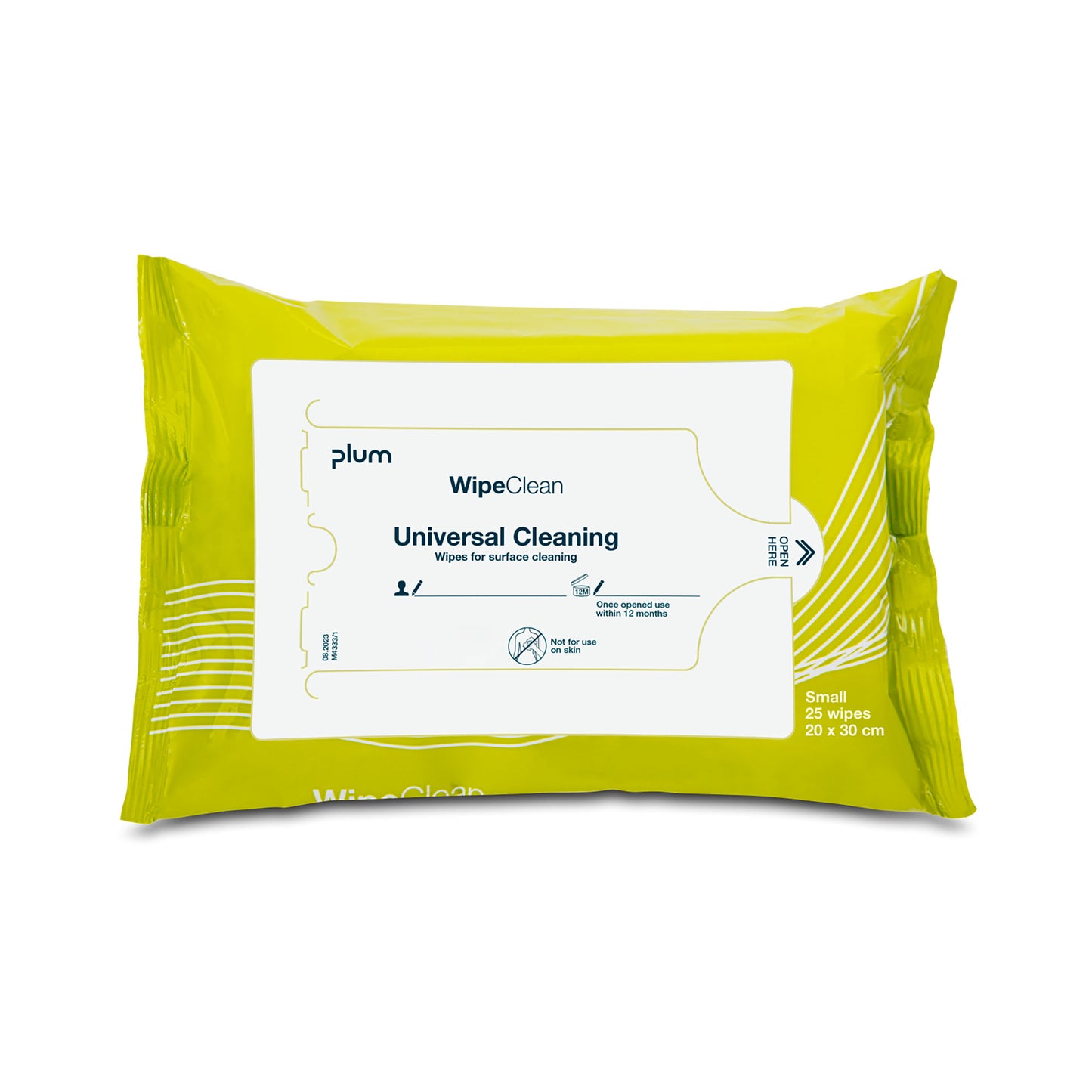 WipeClean universal rengøringsklud i grøn pose med Plum-bagsidemærkat og mål. 20x30cm