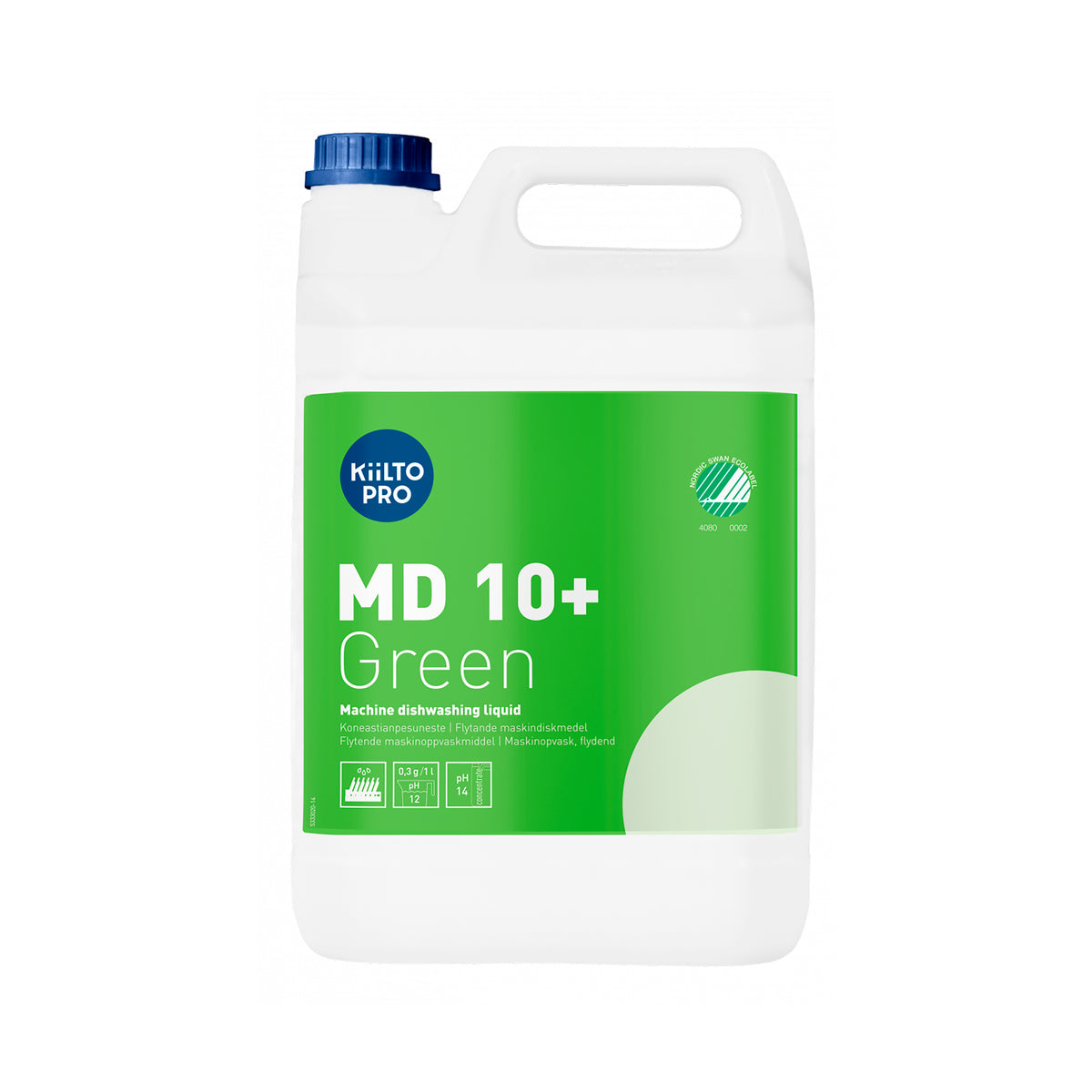 Kiilto Pro MD 10+ Green professionelt maskinopvaskemiddel til storkøkkener og kantiner. Svanemærket, klorfrit opvaskemiddel mod fedt, stivelse, proteinrester og kalkaflejringer i hårdt vand.